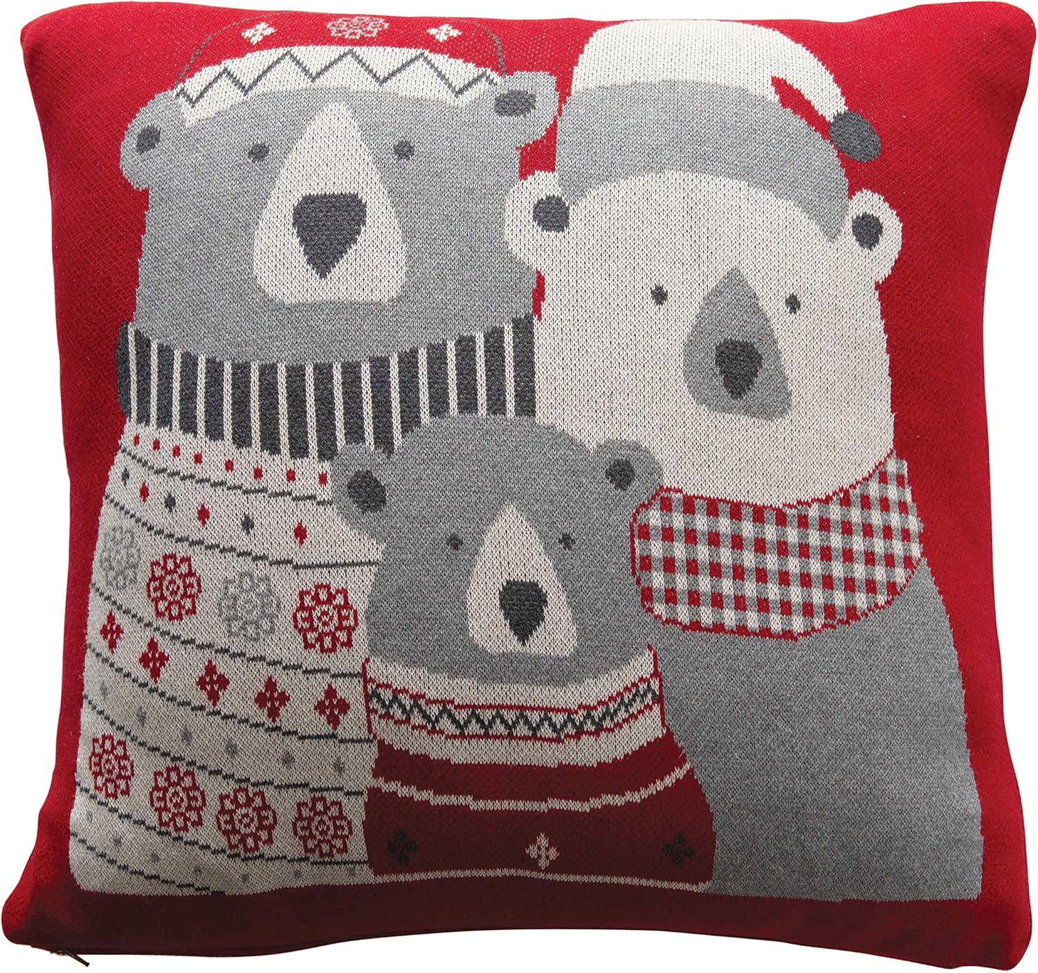 Creative Co-Op 20" Square Cotton Knit w/Bear Family, Red, White & Grey Pillows, Multi