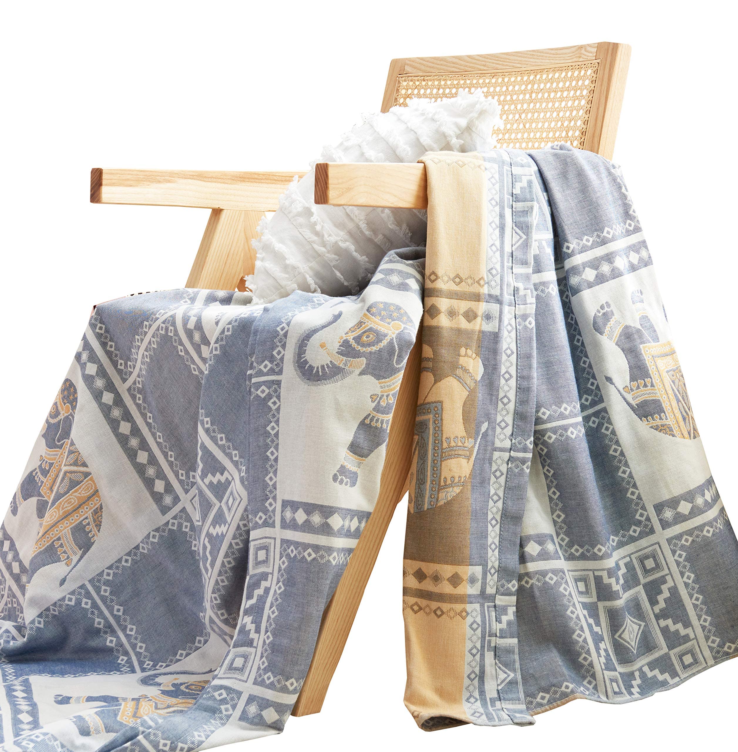 MEJU Elephant Check Geometric Muslin Lightweight Summer Blanket for Bed Sofa Couch, 100% Combed Cotton 2 Layer Soft Warm Quick Dry Throw Blanket Bed Coverlet Sheet Elephant Blue, Twin 60 in X 80 in