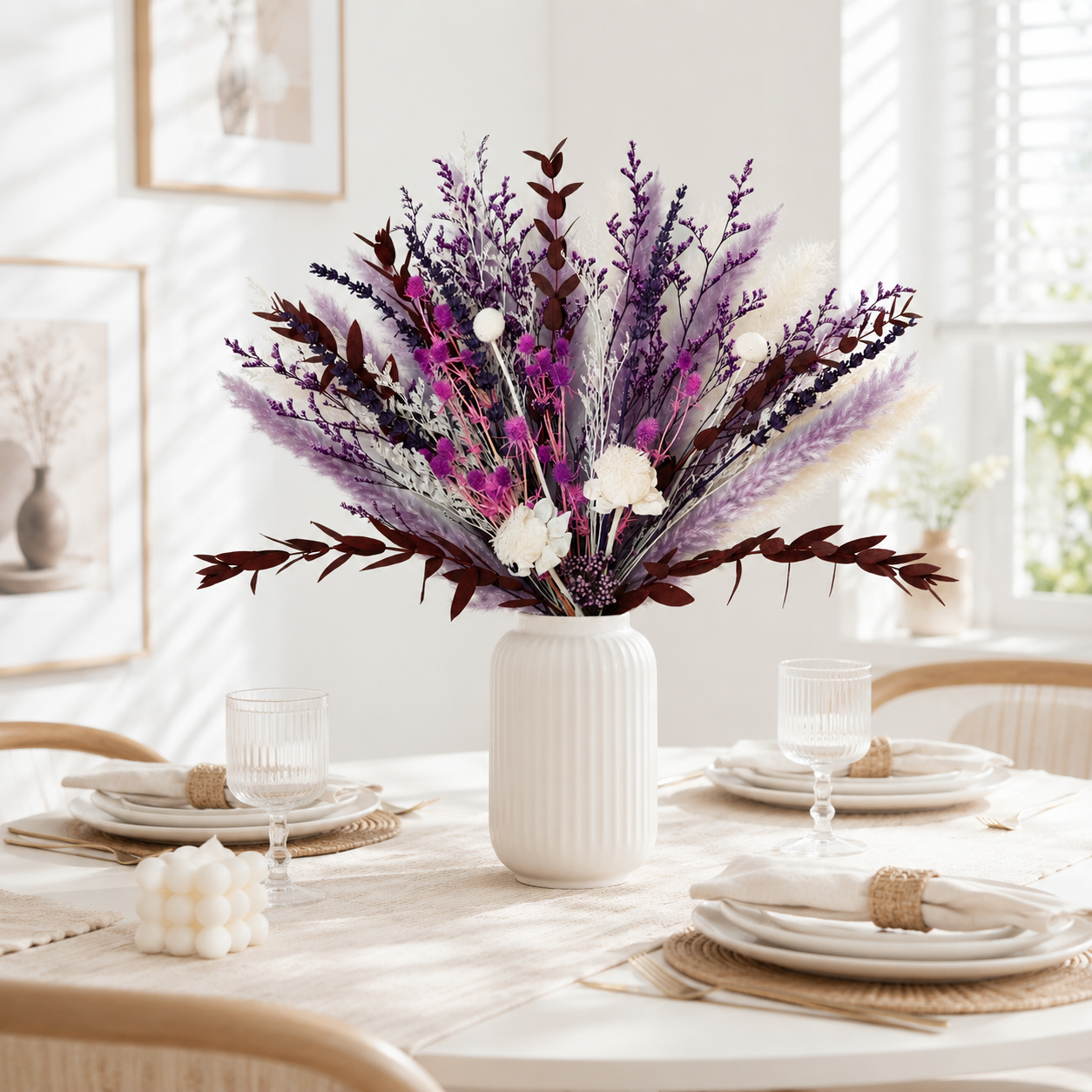 Ramo de flores secas boho púrpura 17" miniatura 7