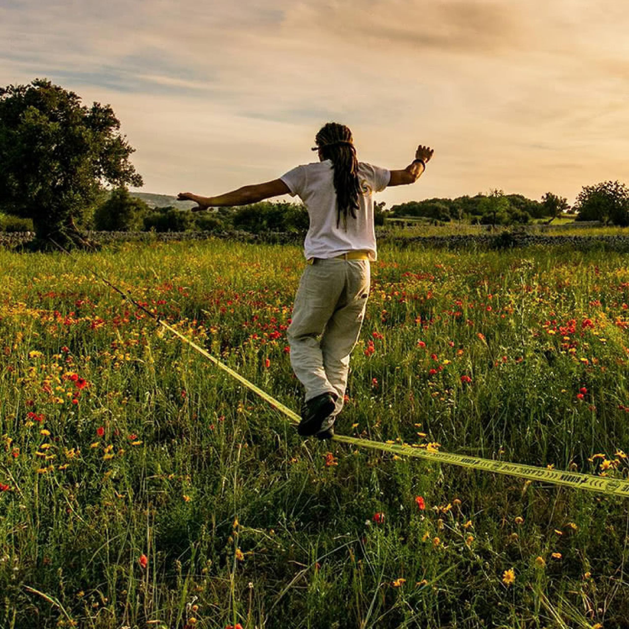 Gibbon Slacklines Classic Line 25m (22,5m slackline + 2,5m fettuccia) cricchetto protezione blocco sicurezza larghezza 5 cm