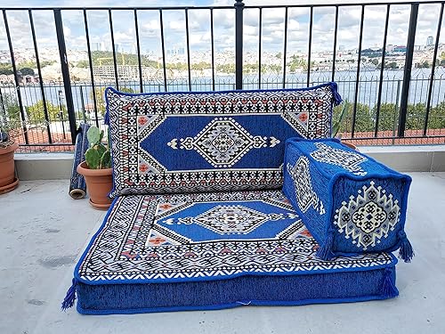Loveseats, Sectional Sofa, Arabic Sofa Floor Seating Set, Pallet Sofa, Floor Cushions, Turkish Floor Sofa, Arabic Majlis, Kilim Rug Design (Blue)