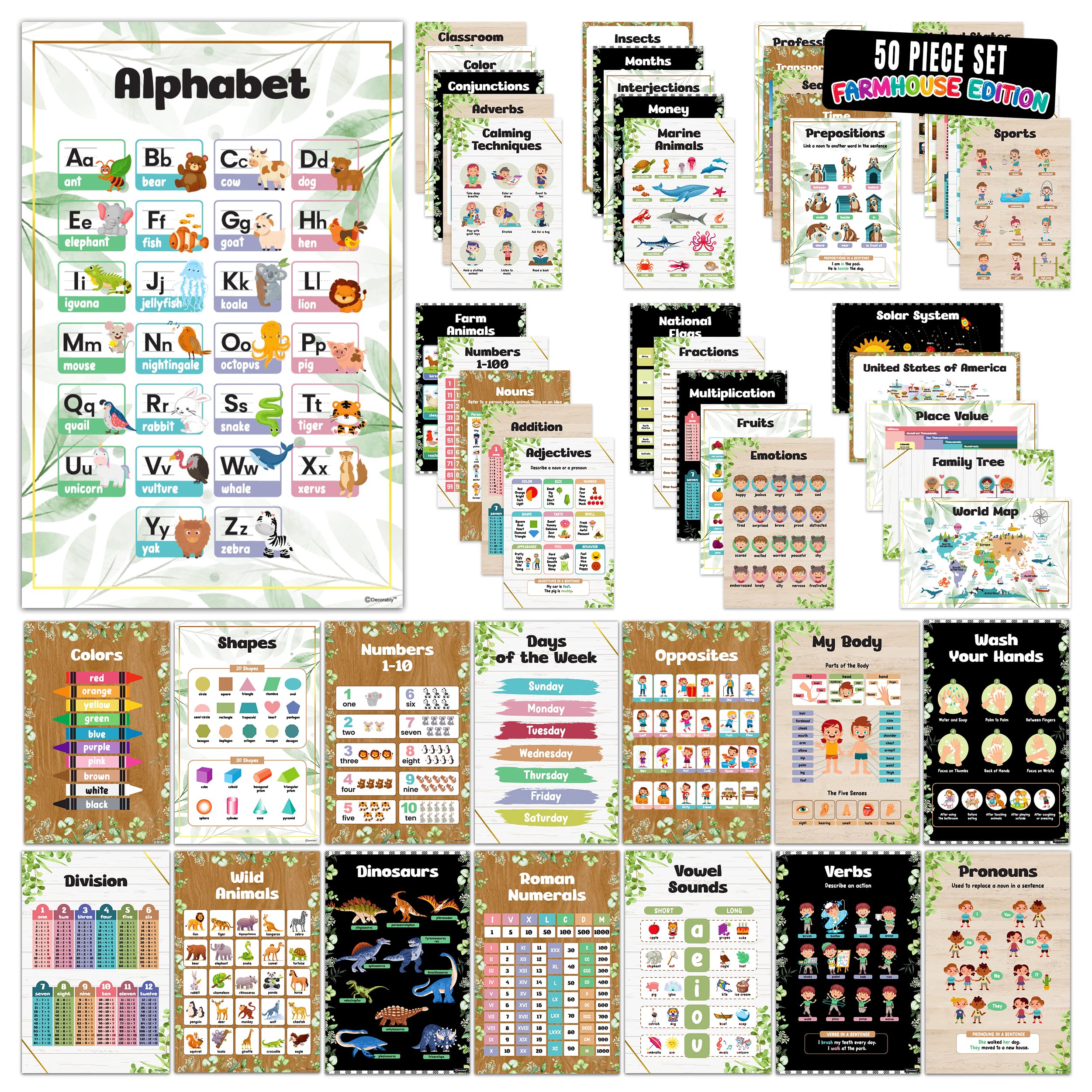 Decorably 50 Farmhouse Preschool Posters for Toddlers, 11x17in Matte-Laminated Educational Toddler Learning Posters - Homeschool, Classrooms, Bulletin