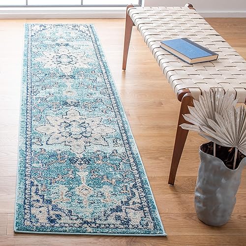 Safavieh Madison Collection MAD473K Tapete largo de 2 pies 2 pulgadasx6 pies, verde azuladoazul marino, chic bohemio, desgastado, medallón, retiene