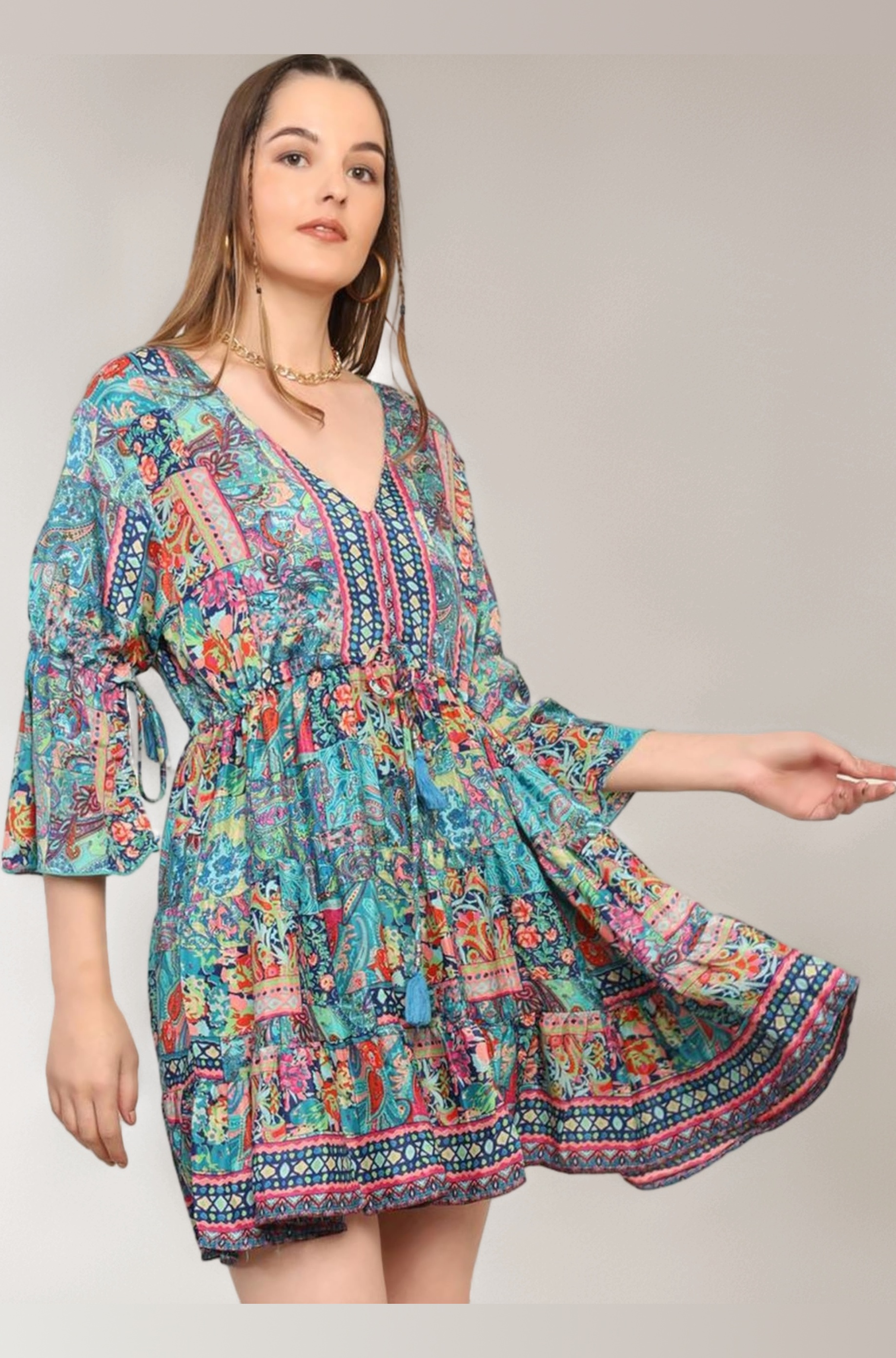 KE KANHA EXPORTS Dress for Woman Western Short|Beach Wear Dress for Women|Boho Border Print Flared|Multicolor|Adjustable Drawstring Tassel|Soft Silky Premium Feel|S-M-L