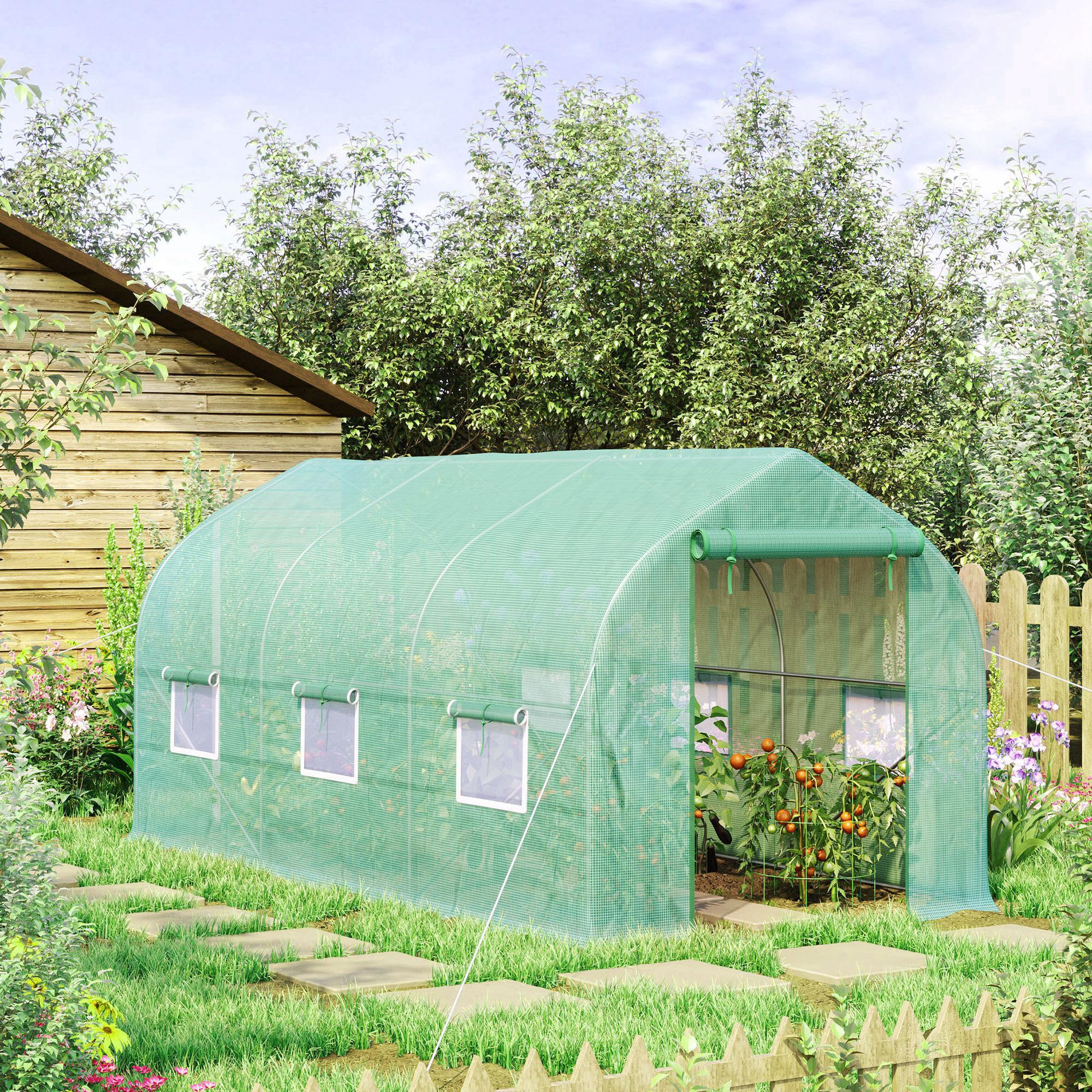 Outsunny Invernadero de Jardín 4x2x2 m Invernadero de Túnel con 6 Ventanas Transpirables y Puerta Enrollable con Cremallera Huerto para Cultivo Plantas Verduras Verde