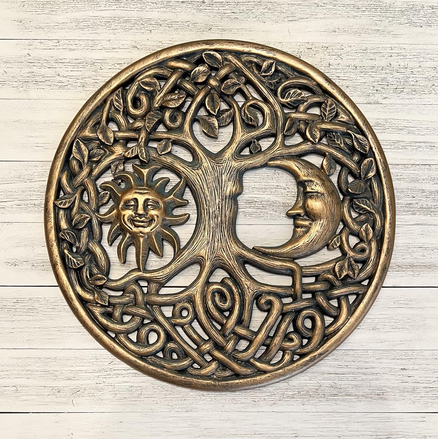 Top Brass Sun and Moon Face Tree of Life Wall Plaque Decorative Spiritual Celtic Garden Art Sculpture - Celestial Harmony
