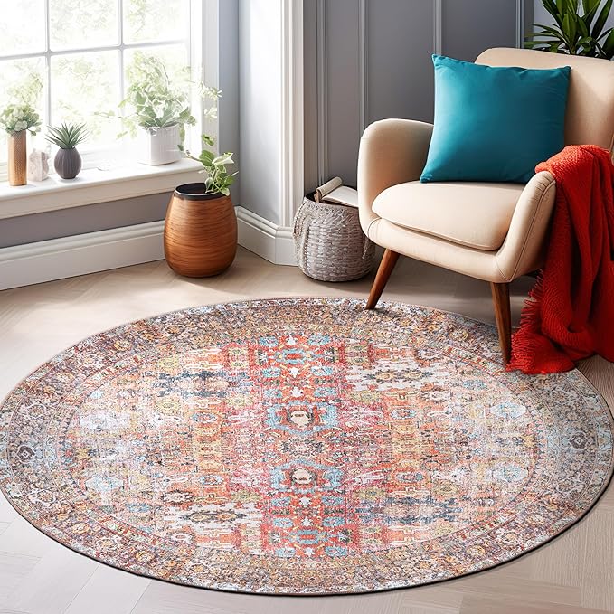 Rugshop Multi Transitional Distressed Round Area Rug — Machine Washable & Non‑Slip, 6' 6" Round for Dining Room, Living Room and Entryway