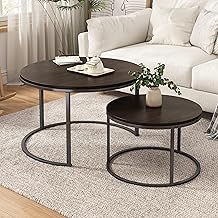 Vermess 31.5‘’ Industrial Round Coffee Table Set of 2,Stacking Side Tables with Solid Wood Grain Table and Metal Frame for Living Room,Sturdy and Easy Assembly,Rustic Brown and Black Walnut
