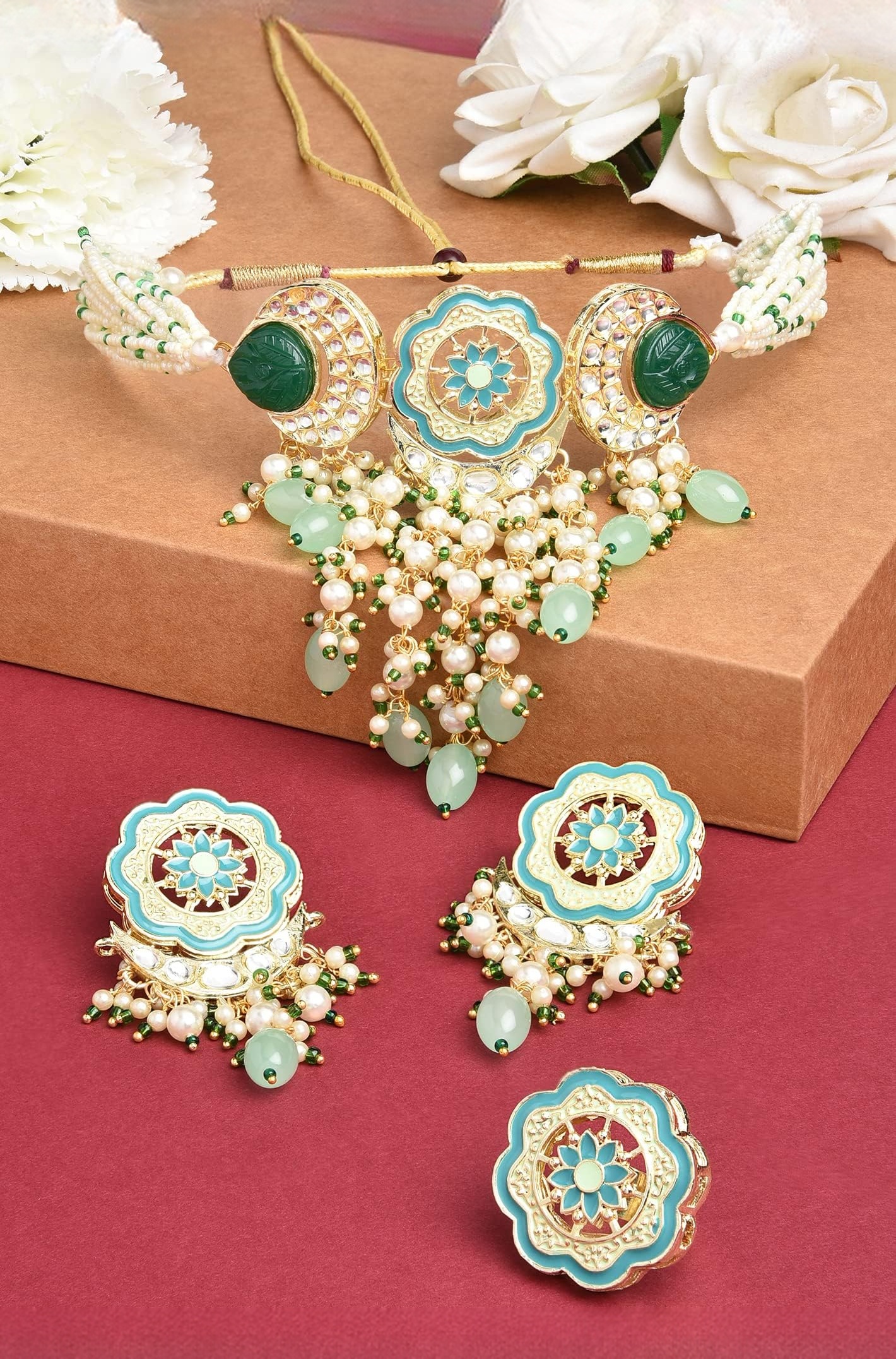 ZAVERI PEARLS Turquoise Blue & Green Meenakari Cascading Waterfall Beads Necklace Earring & Ring Set For Women-ZPFK14607