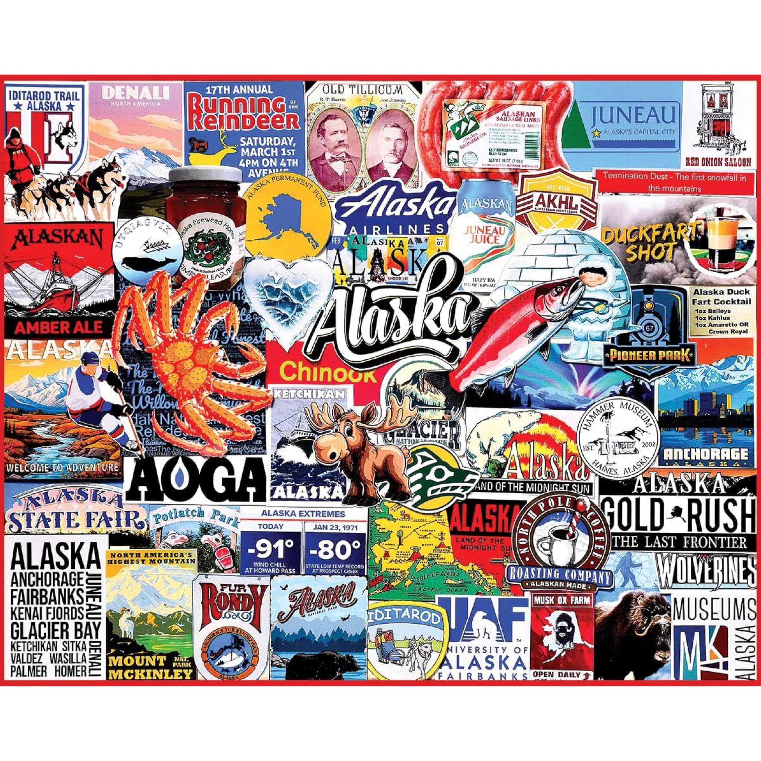 White Mountain 1000 Piece Jigsaw Puzzle Last Frontier State Collage Puzzles with Large Pieces, Gift for Adults and Family 24"x30" - I Love Alaska