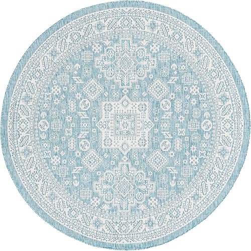 Miniatura 3 de Unique Loom Outdoor Aztec Collection Alfombra de área, Chalca (7 pies 10 pulgadas, redonda, aguamarinamarfil)