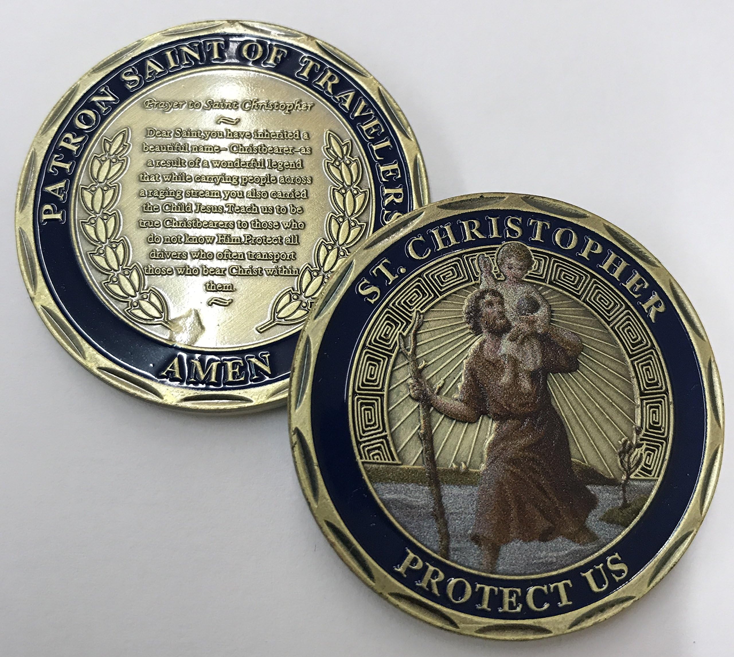 ST. Christopher Patron Saint of Travelers Challenge Coin. Cast with Colorized Saint and Beautiful Iron Plating & Ancient Bronze