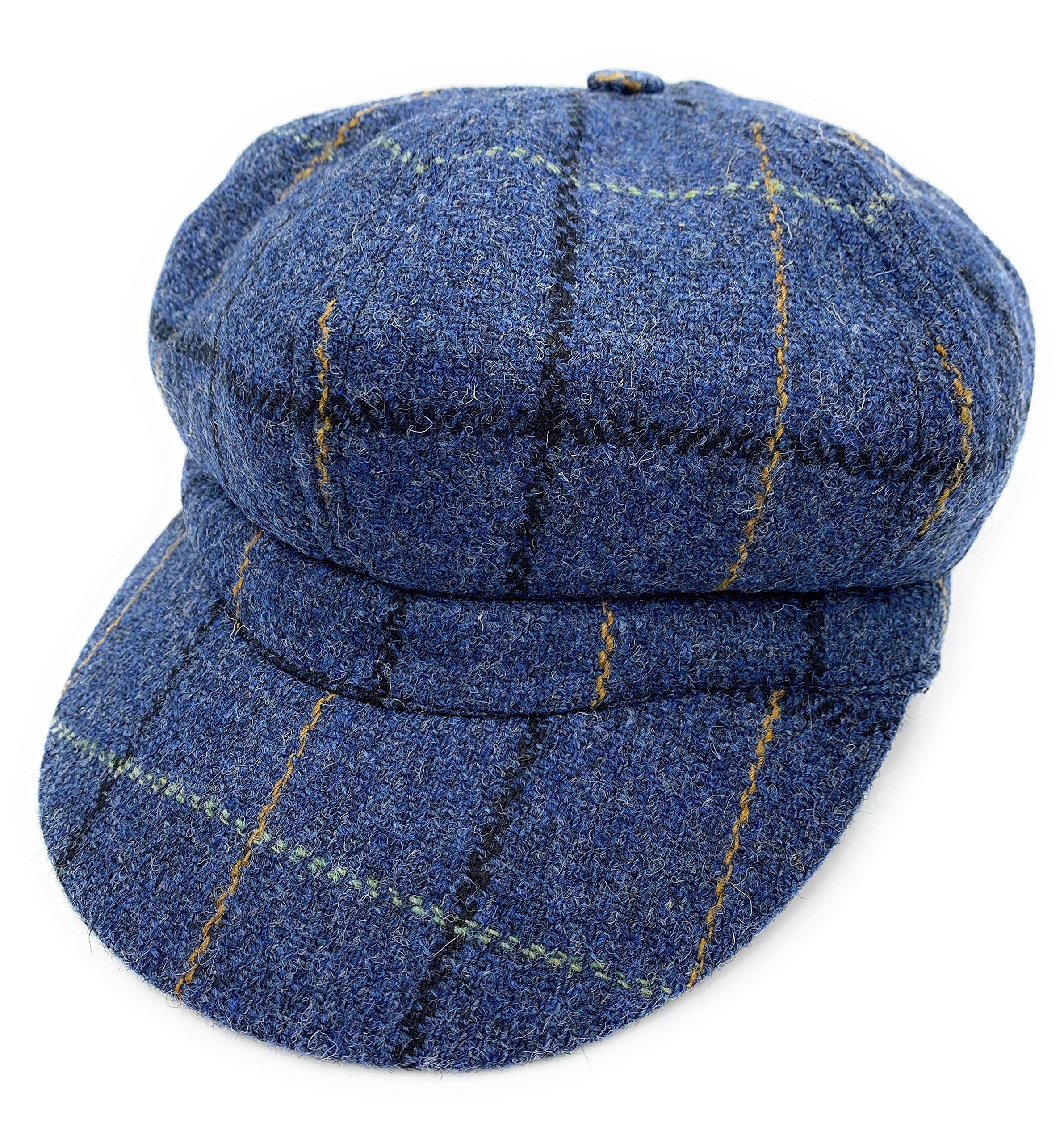 Tartan Tweeds Women's Blue Overcheck Harris Tweed Baker Boy Cap Made In The Uk (Blue Overcheck)
