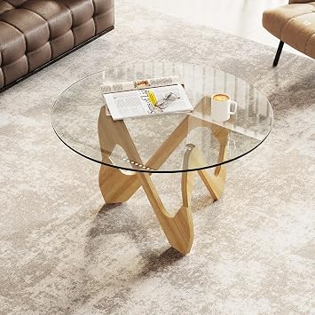 Lvifur Glass Top Coffee Table - for Living Room, Round Center Table with S-Shaped Solid Wood Table Legs, Modern Tea Table with Transparent Glass Top, 31.5W 31.5 D 16.53H,Natural