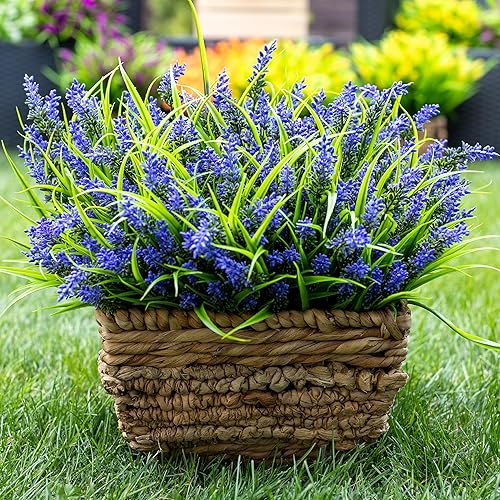 Miniatura 5 de Flores artificiales de otoño para decoración de exteriores, 20 paquetes de lavanda falsa con hierba, plantas de otoño sintéticas de plástico