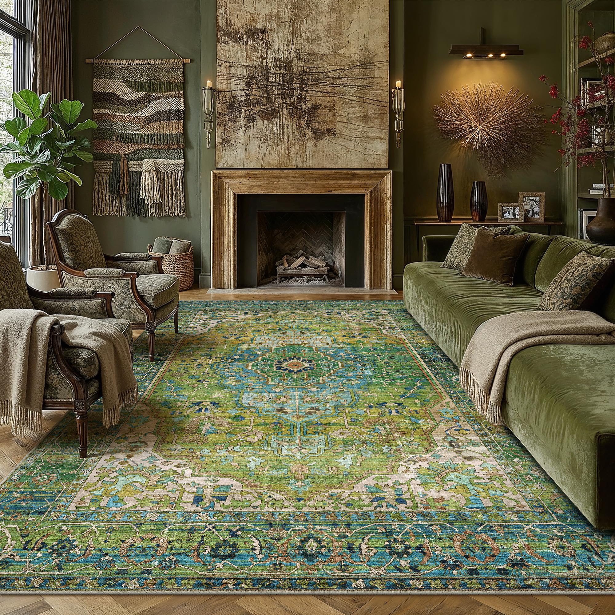 PureCozy Vintage Rugs Living Room Large Washable 300x400cm Non Slip Green Area Rug Boho Carpet for Kids Bedroom Bedside Nursery Playroom Lounge Office Traditional Carpets Low Pile Mat