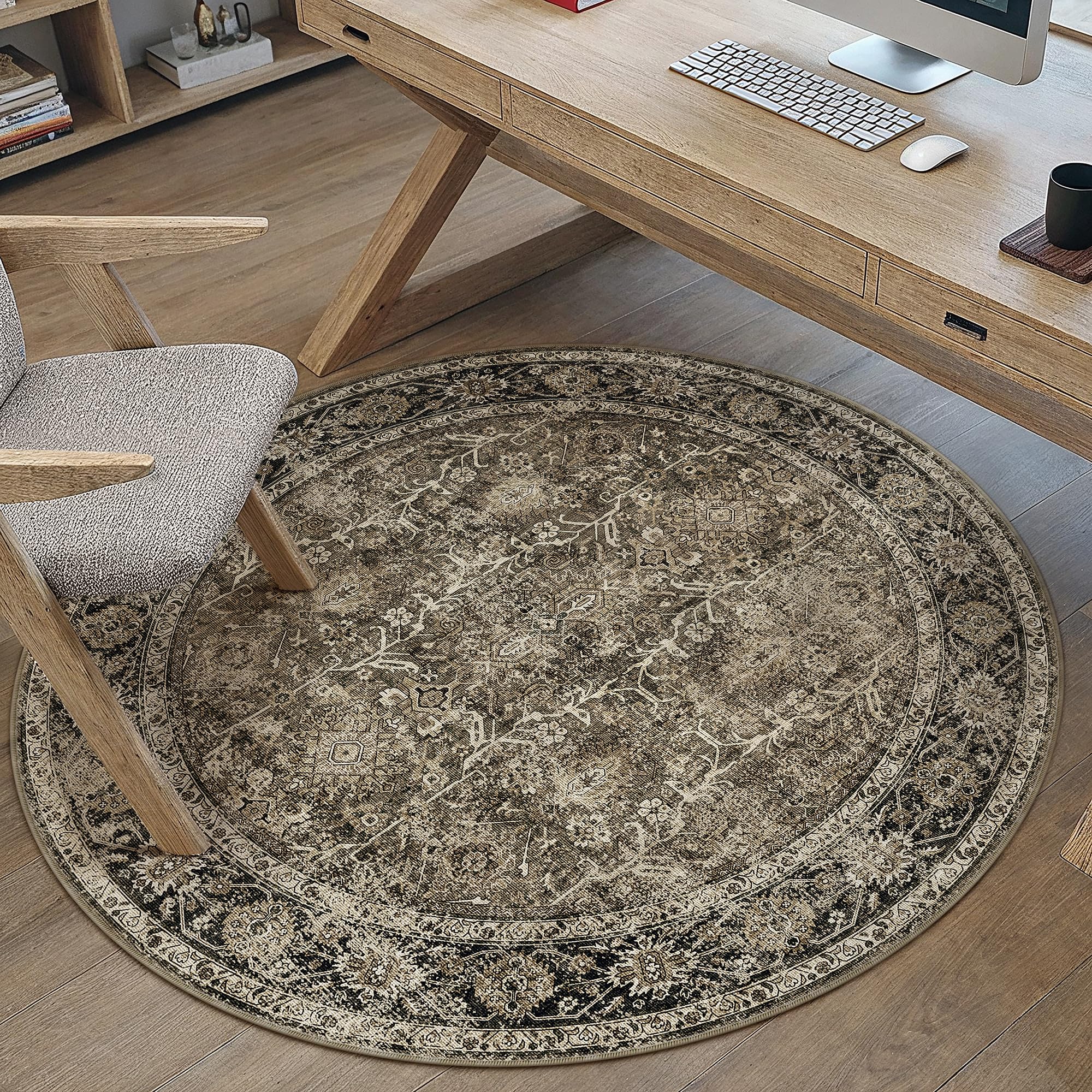 Brown Round Area Rug 3ft Entryway 3x3 Circle Vintage Indoor Kitchen Washable Door Mat Living Room Carpet Non Slip Traditional Distressed Retro Accent Throw Rug Office Dining Room Bathroom