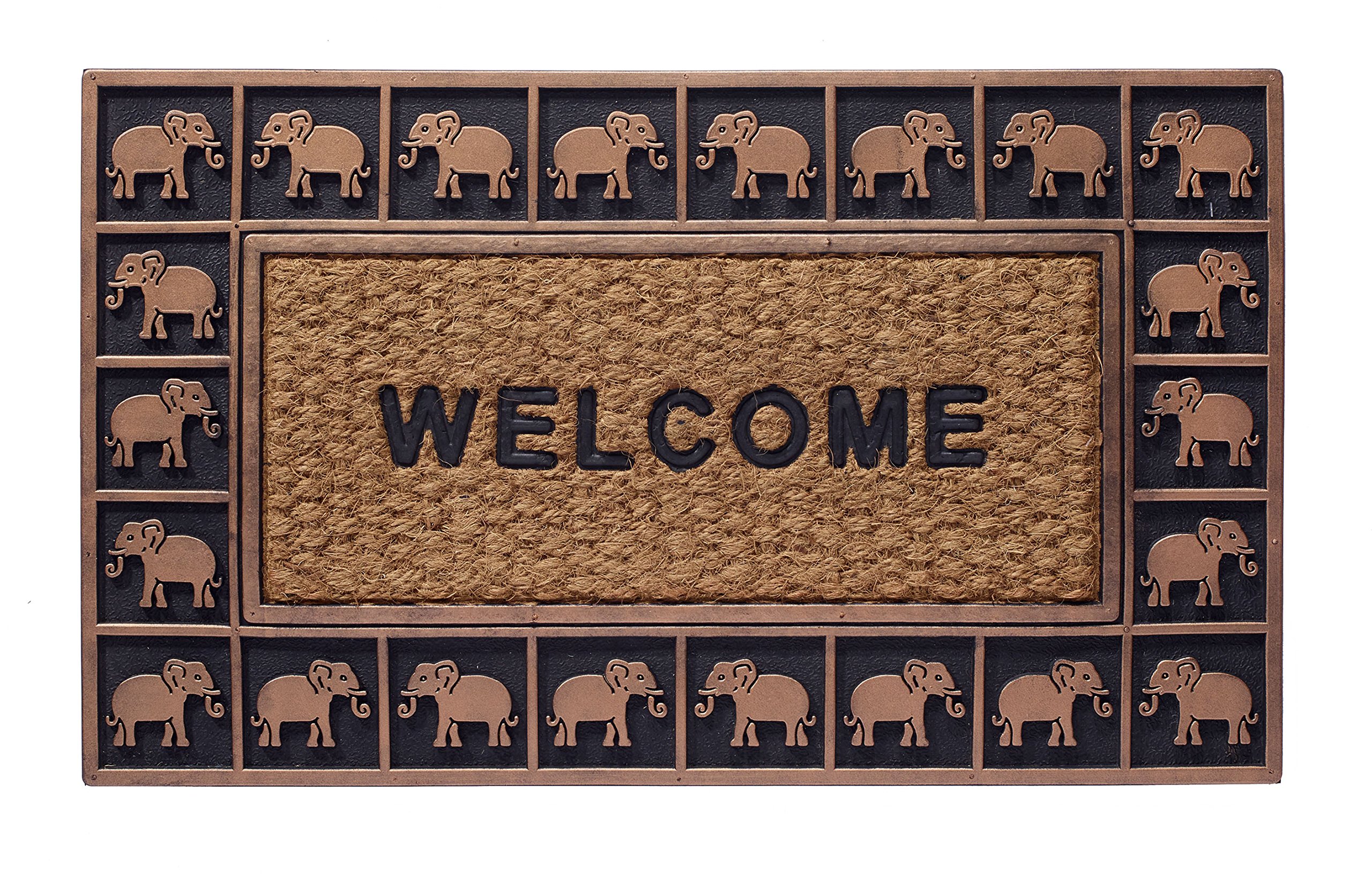 HF by LT Boho Market Rubber and Coir Flatweave Doormat, 18 x 30 inches, Durable, Sustainable, Antique Bronze Elephant Border Design, Brown, Black