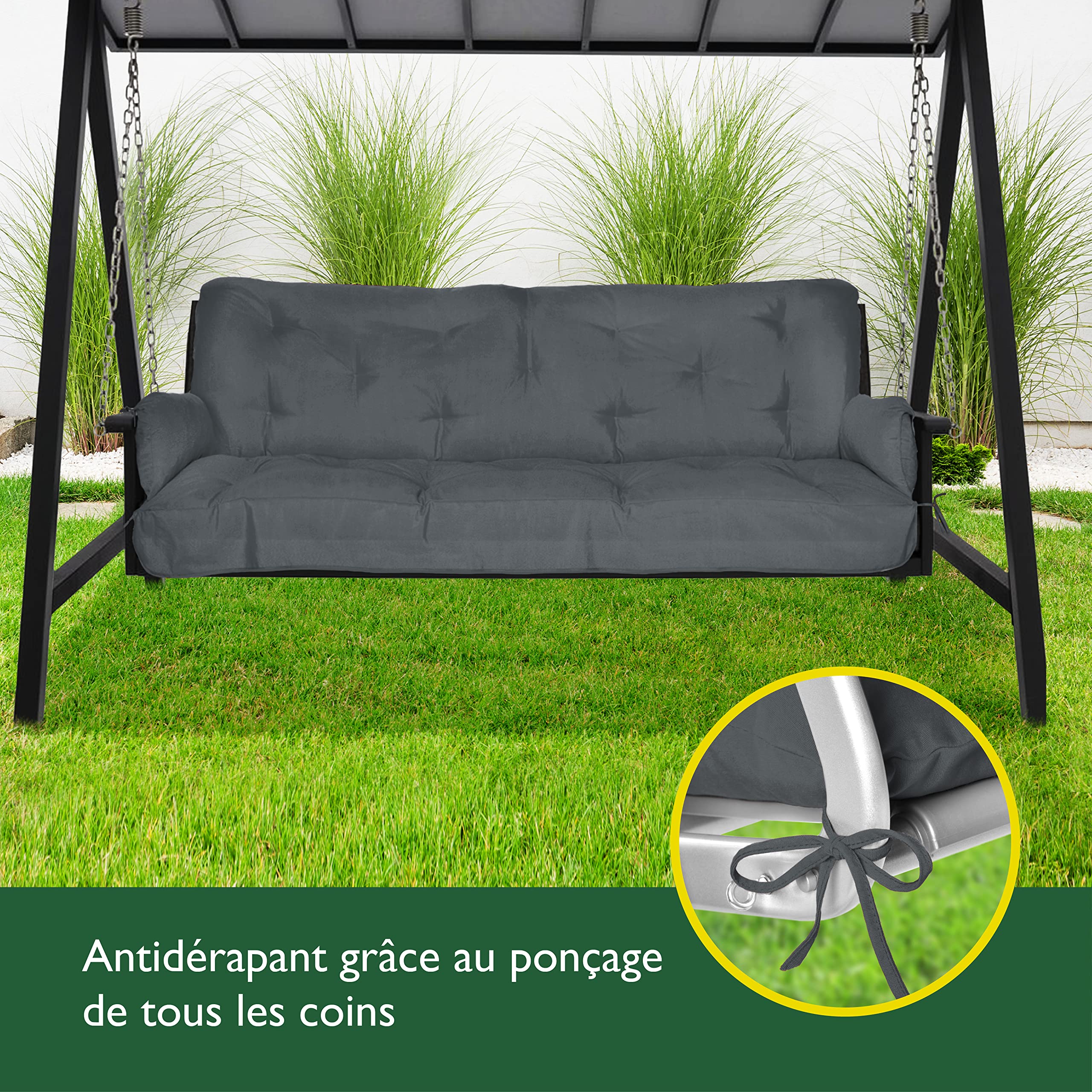 Beautissu Coussin pour Balancelle 180x50x8 cm Flair HS – Coussin de Jardin avec 2 Oreillers – Matelas pour Banc de Jardin, Rembourrage Flocons de Mousse - Anthracite