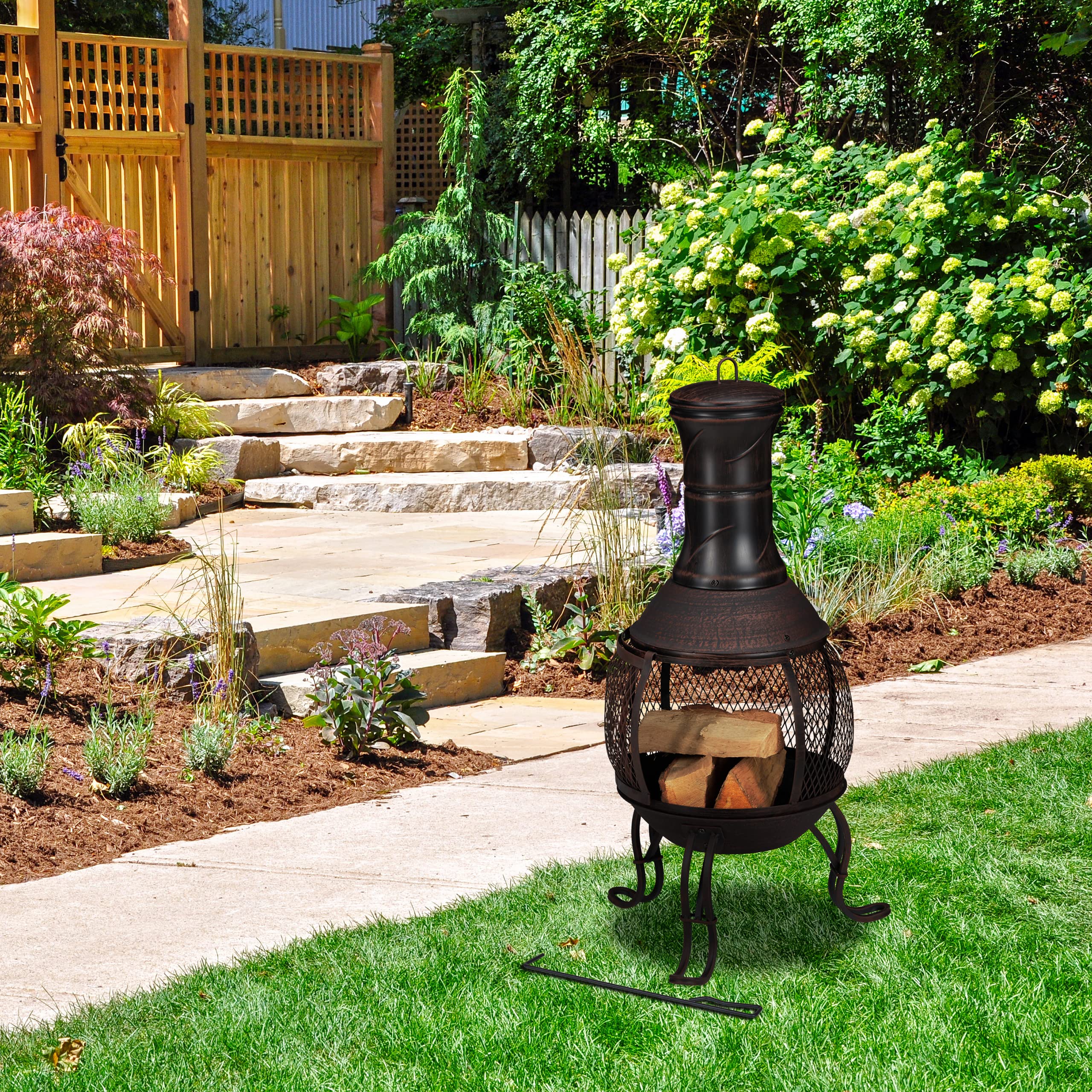 Relaxdays Terrassenofen, Stahl & Gusseisen, HxD: 88 x 36 cm, Gartenkamin Funkenschutz, Chiminea, Aztekenofen, rot/Bronze