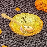 Vista 2 de SATVIK - Juego de 1 tazón de fuente para servir en relieve con diseño de flores de loto bañadas en oro y plata, con cuchara, para Navidad