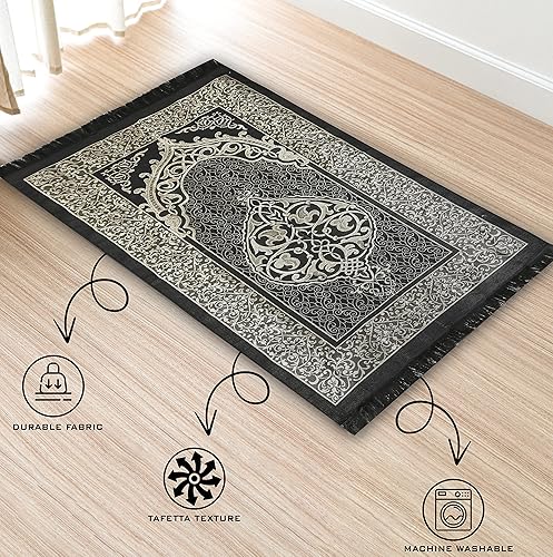 Miniatura 3 de Alfombra de oración musulmana con cuentas de oración, sombrero kufi para hombres y mujeres, 100% transpirable, gorro de calavera negra, tapete de