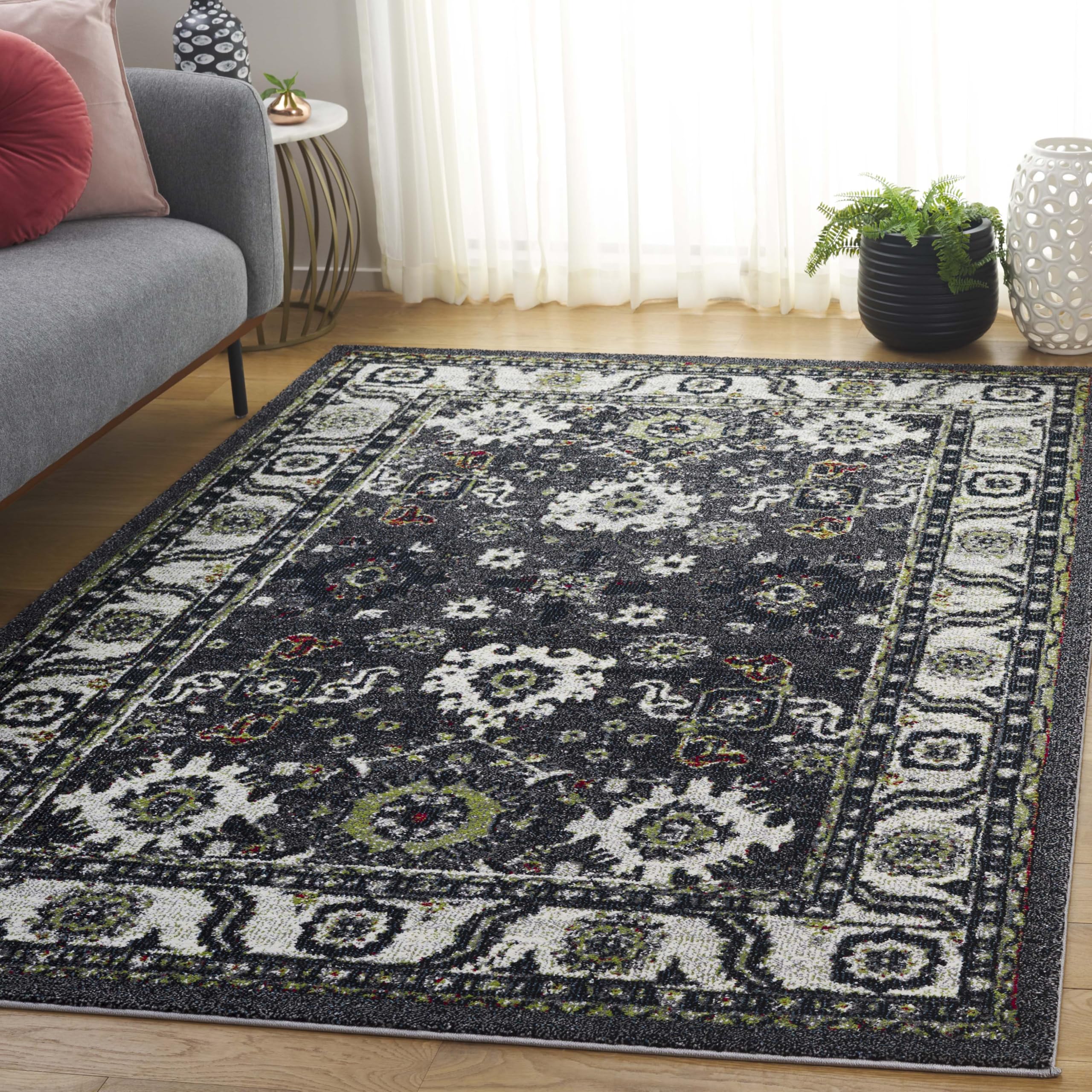 SAFAVIEH Vintage Hamadan Collection Area Rug - 5'3" x 7'6", Dark Grey & Ivory, Traditional Persian Design, Non-Shedding & Easy to Clean, Ideal for