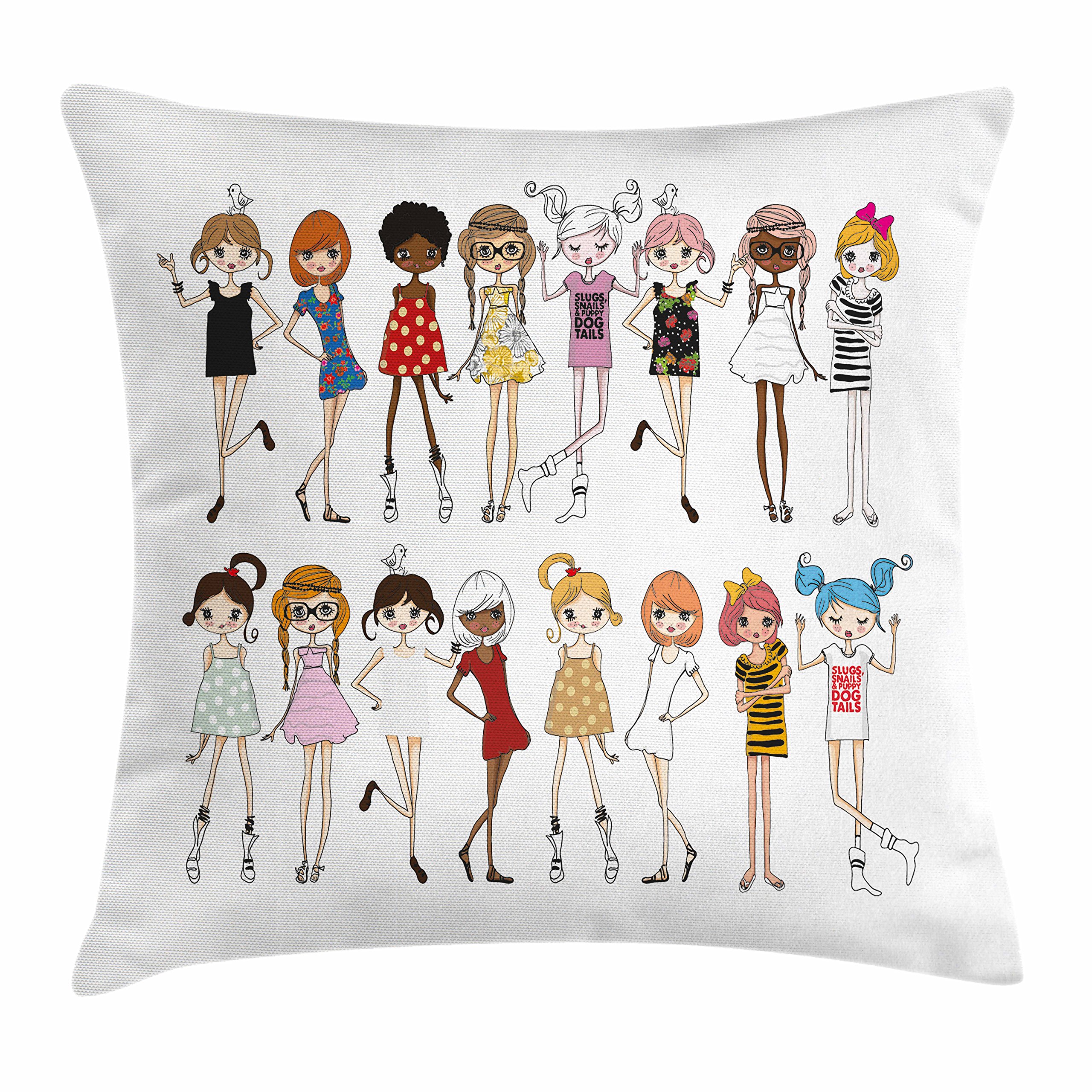 Lunarable Cartoon Throw Pillow Cushion Cover, Group with Different Girls in Fashion Clothes Sketch Drawing Style Feminine Youth, Decorative Square Accent Pillow Case, 40