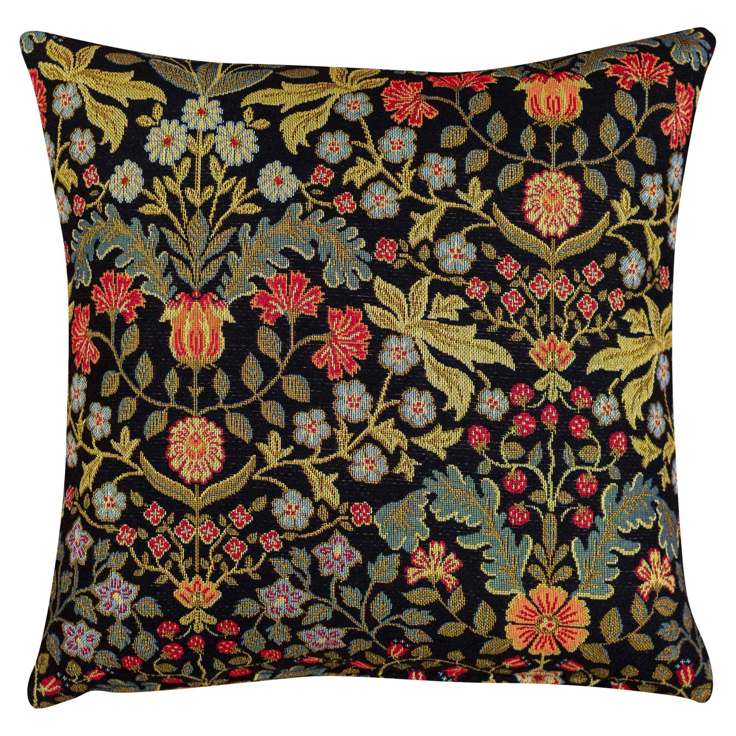 Linen Loft Black Vintage Morris Styled Leaves And Berries Tapestry Cushion Cover. 17X17 Square. Double Sided. Deep With Contrast Detail.