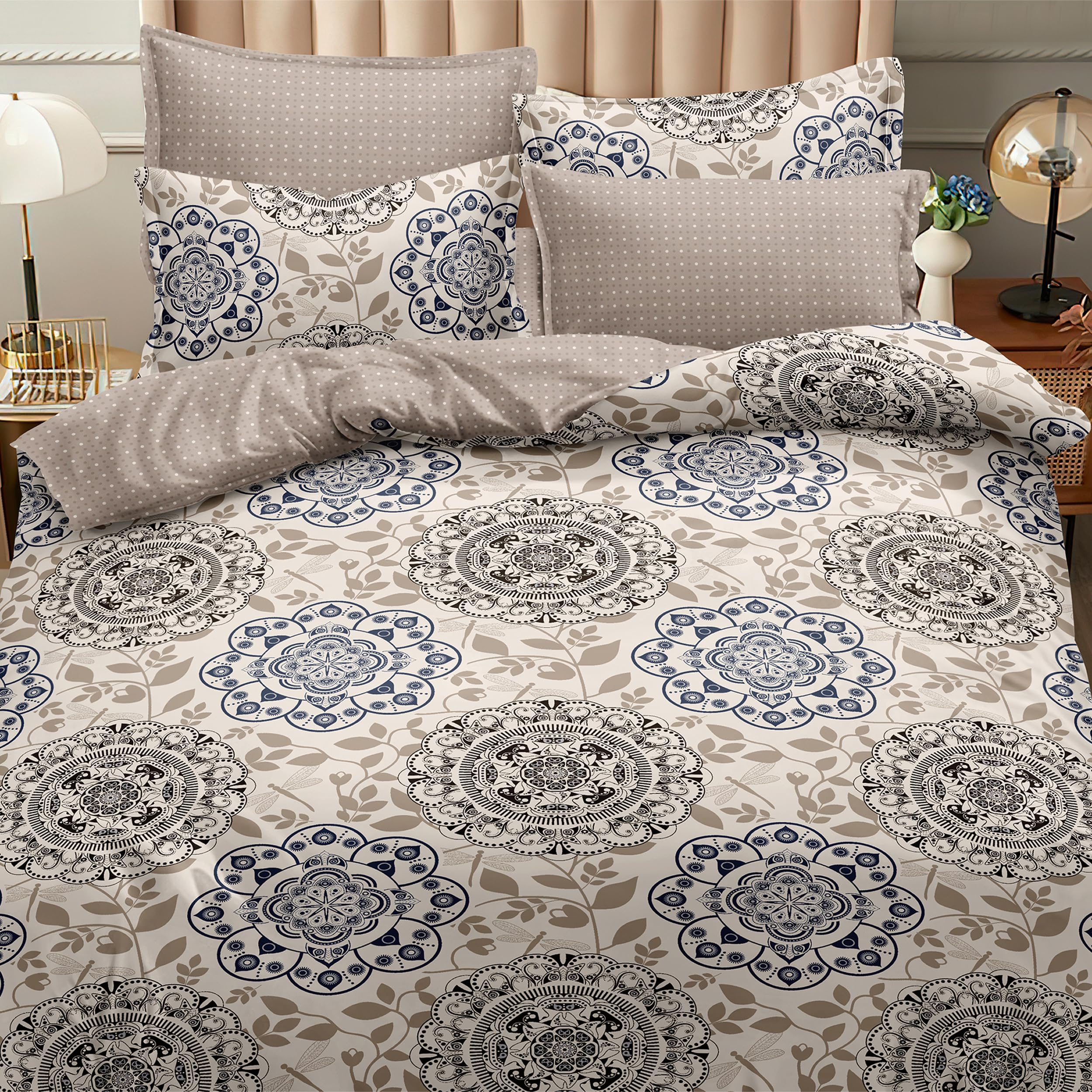 Juego de Funda Nórdica 4 Piezas Cama 135 Microfibra Suave Transpirable - 1 Funda Edredón 220x220 cm, 1 Bajera 135x200+28 cm y 2 Fundas de Almohada 50x75 cm (Color Mandala)