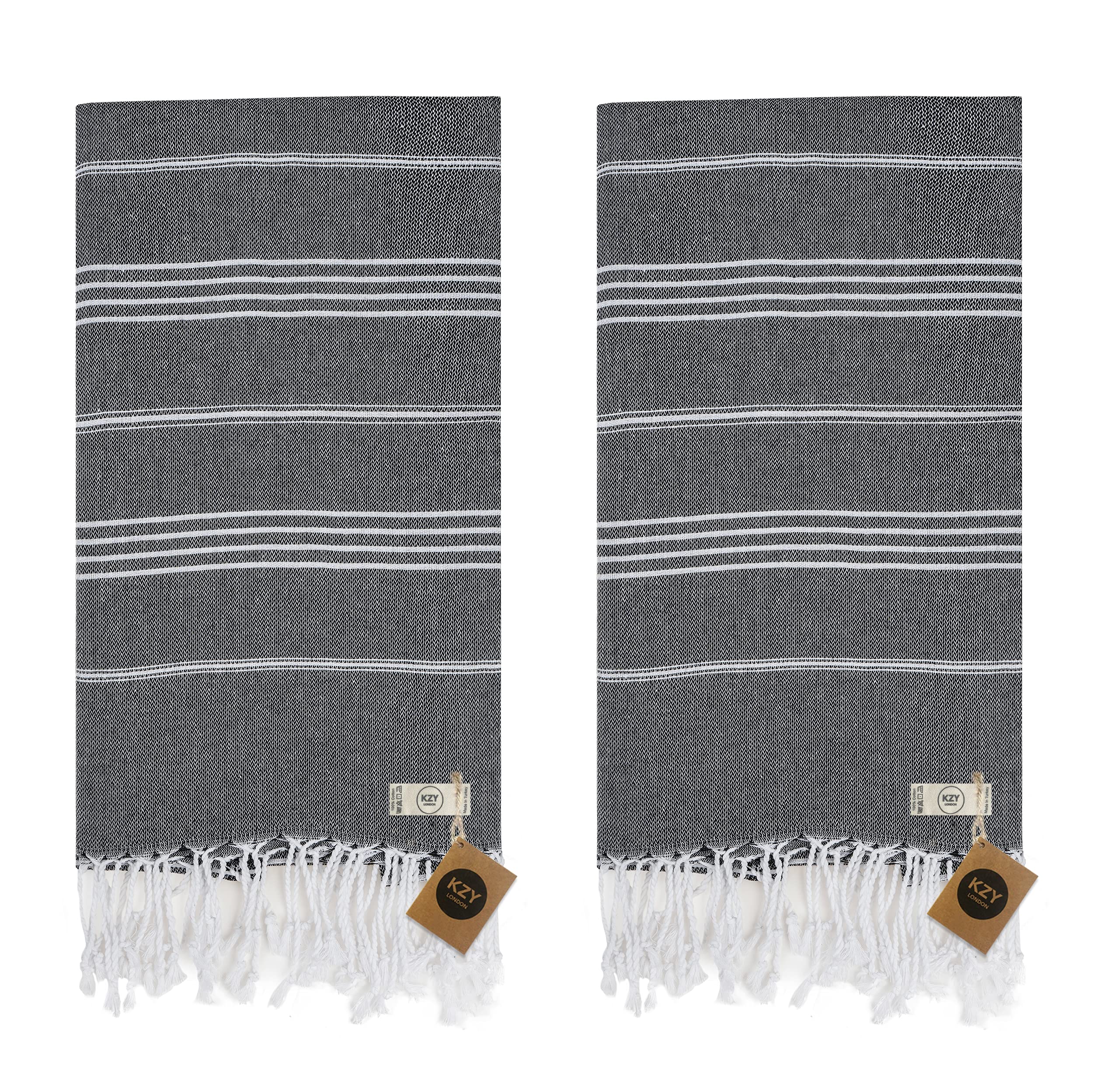 Lot de 2 grandes serviettes de plage turques pour camping, natation, salle de sport, séchage rapide, absorbantes, légères en coton, 90 x 180 cm, pour adultes (noir)