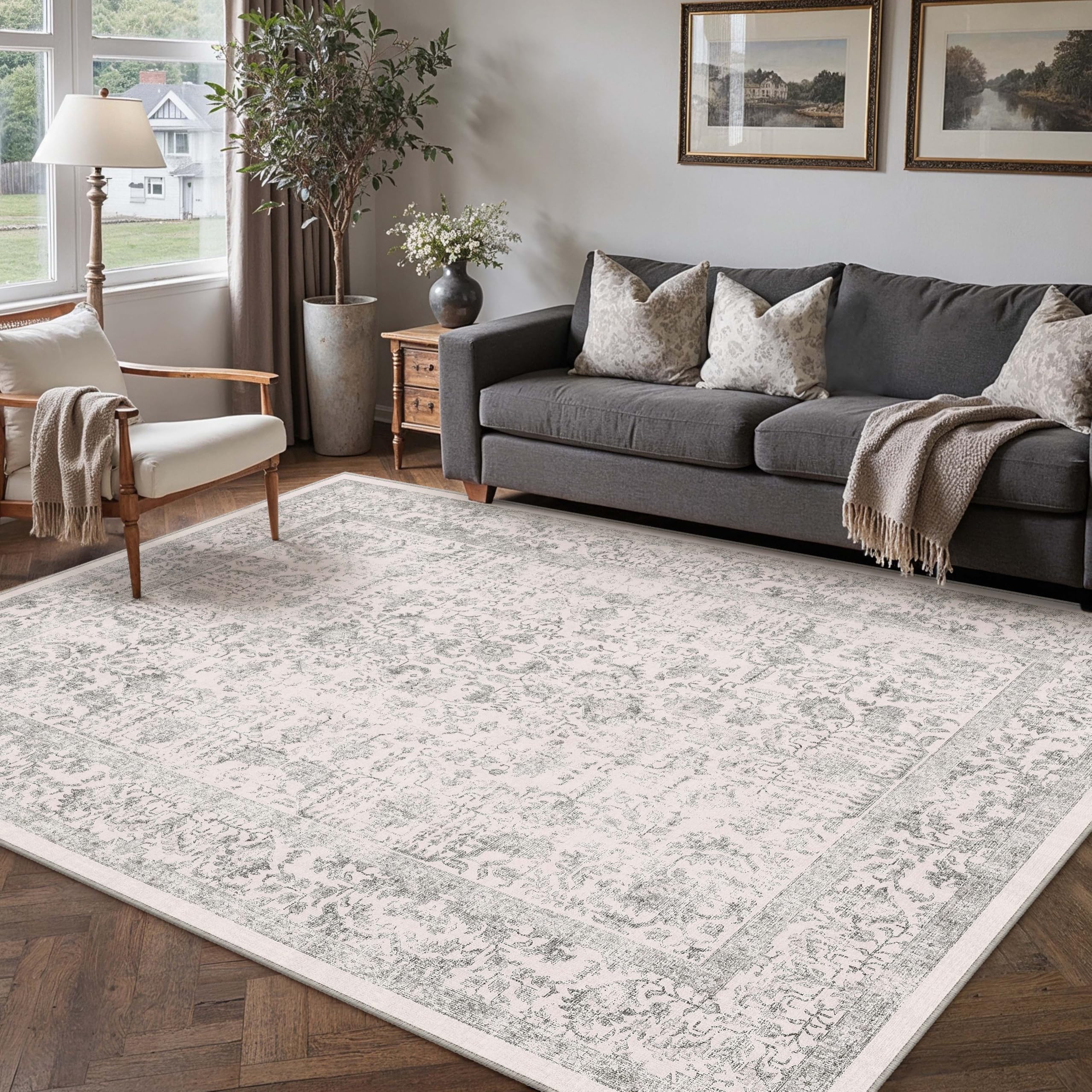 Gray Area Rug 5x7 Machine Washable Vintage Living Room Distressed Non Slip Carpet Traditional Indoor Bedroom Grey Retro Floral Accent Throw Large Rug for Office Kitchen Bathroom Dining Room