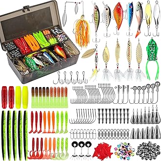 PLUSINNO Fishing Lures Fishing Tackle Box Fishing Gifts for Men, Bass, Trout Fishing Accessories Kit for Saltwater & Freshwater Fishing Gear Including Topwater Lures, Hooks, Spinnerbaits