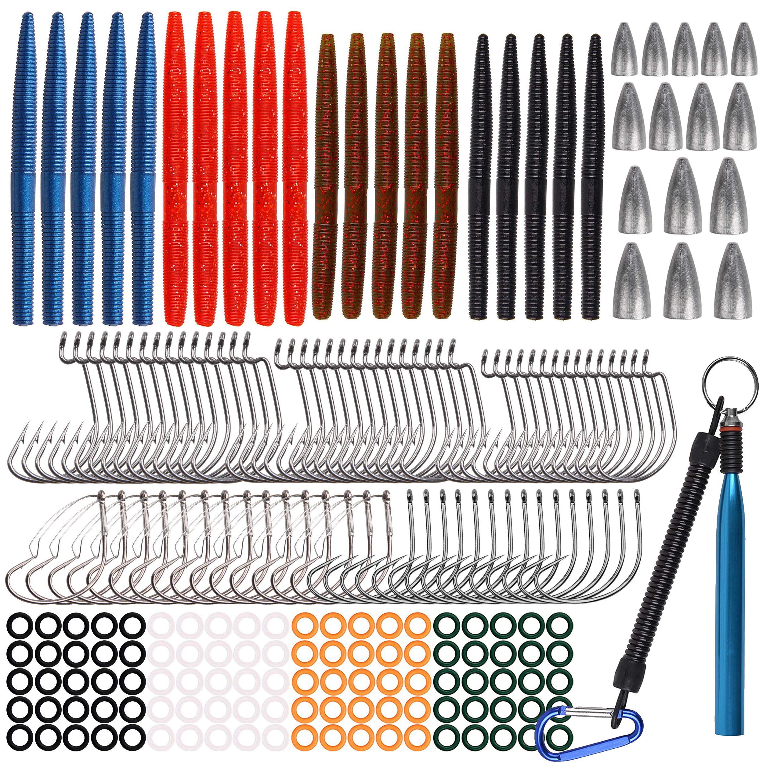 211pcs Wacky Rig Kit - Wacky Rig Tool and O Rings, Wacky Senko Worms, Wacky Rig Hooks, Weedless Hooks, Fishing Sinker Weights, Wacky Rig Set with Tackle Box for Bass Fishing