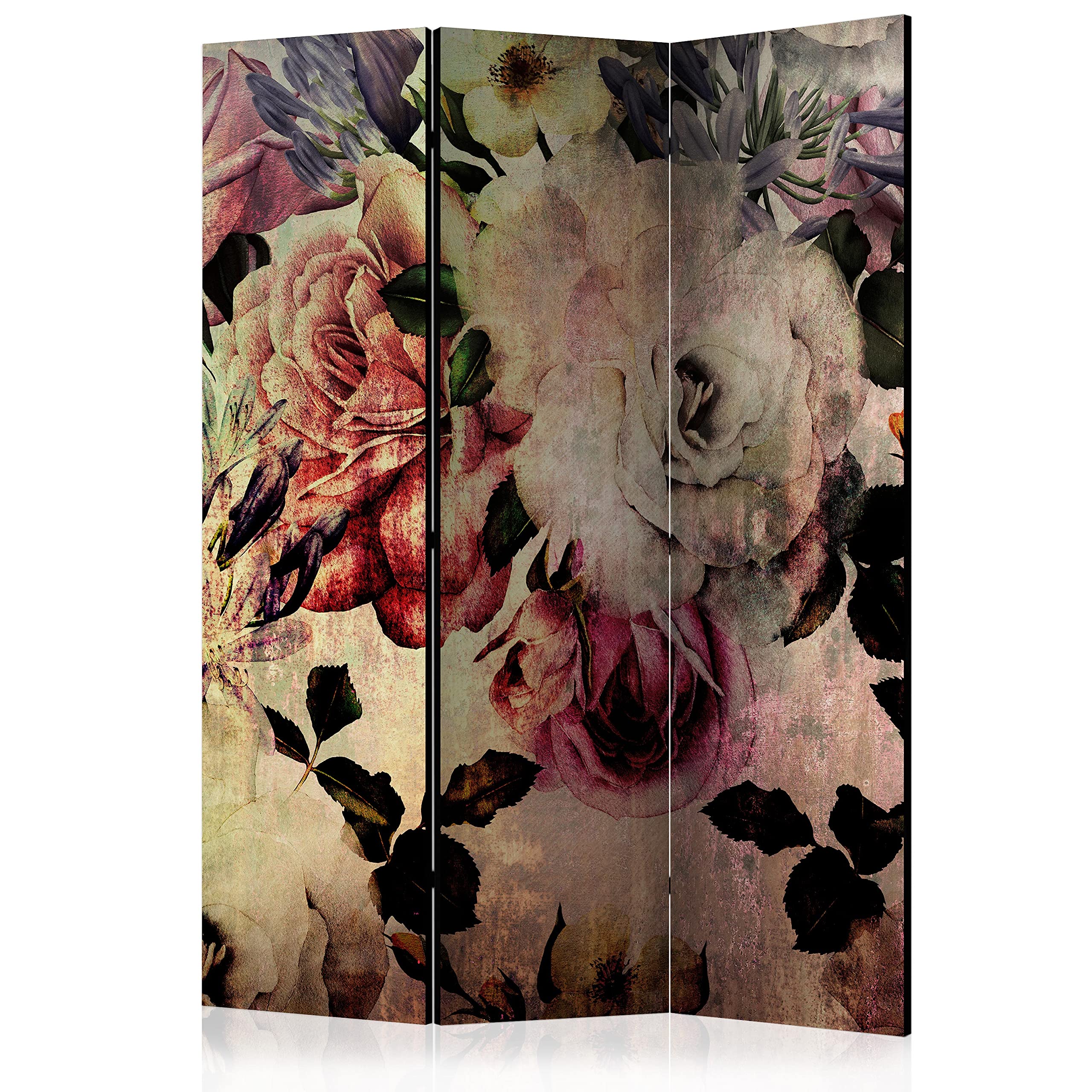 murando Decorative Room Divider Retro Vintage 135x172 cm / 54"x68" Double-Sided Folding Screen 3 Panels Room Partition Non-Woven Canvas Print Opaque Photo Display Flower Roses Nature b-C-0380-z-b