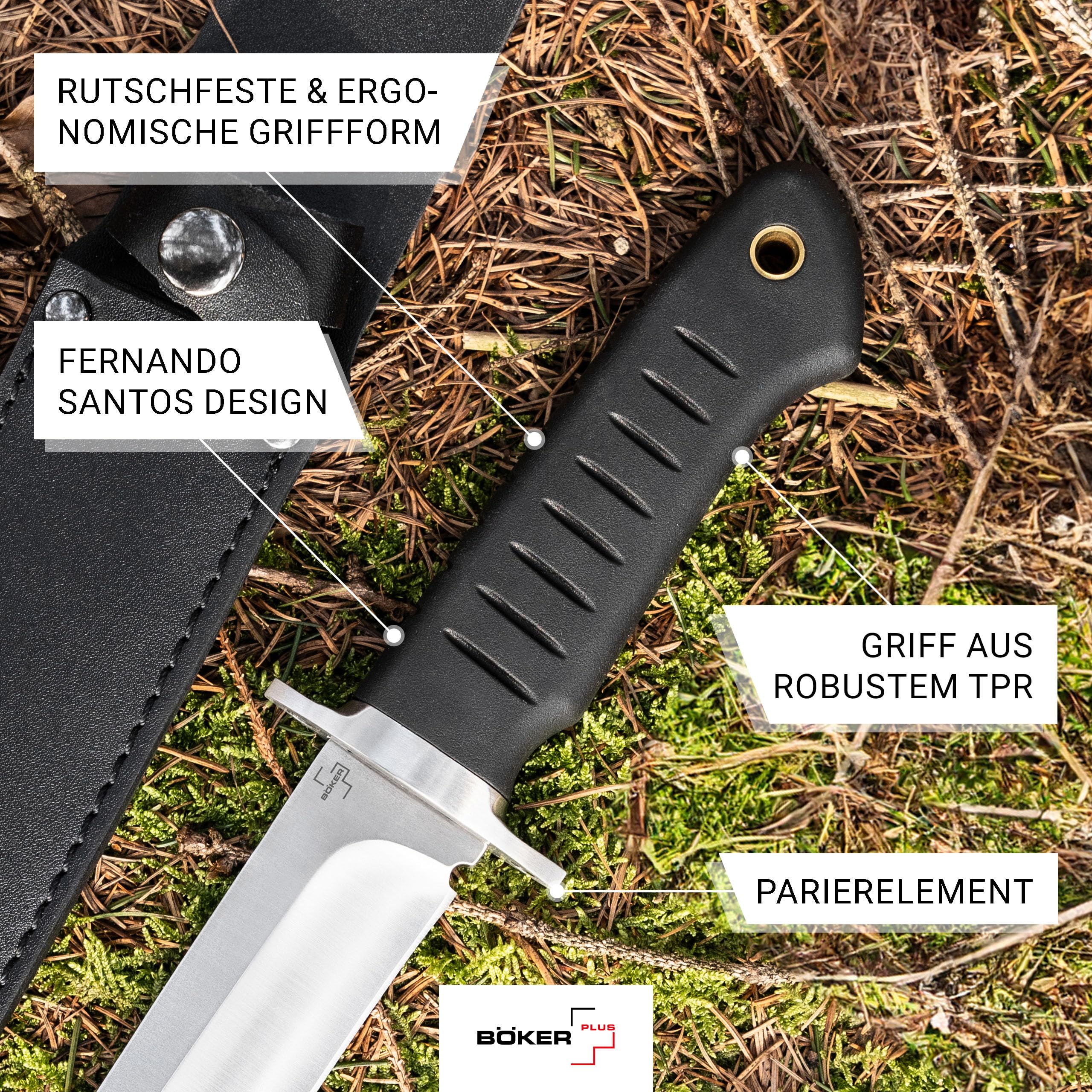 BÖKER PLUS® Sledgedog - großes Pfadfinder Fahrtenmesser - Profi Gürtel-Messer mit Droppoint Klinge - feststehendes Outdoor-Messer mit TPR Griff schwarz - Überlebensmesser mit Leder-Scheide