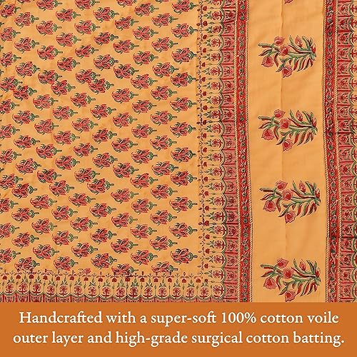 Miniatura 4 de Saffron Marigold Manta acolchada reversible amarilla, tamaño King, hecha a mano, impresa en bloque a mano, rocío matutino, de gasa de algodón,