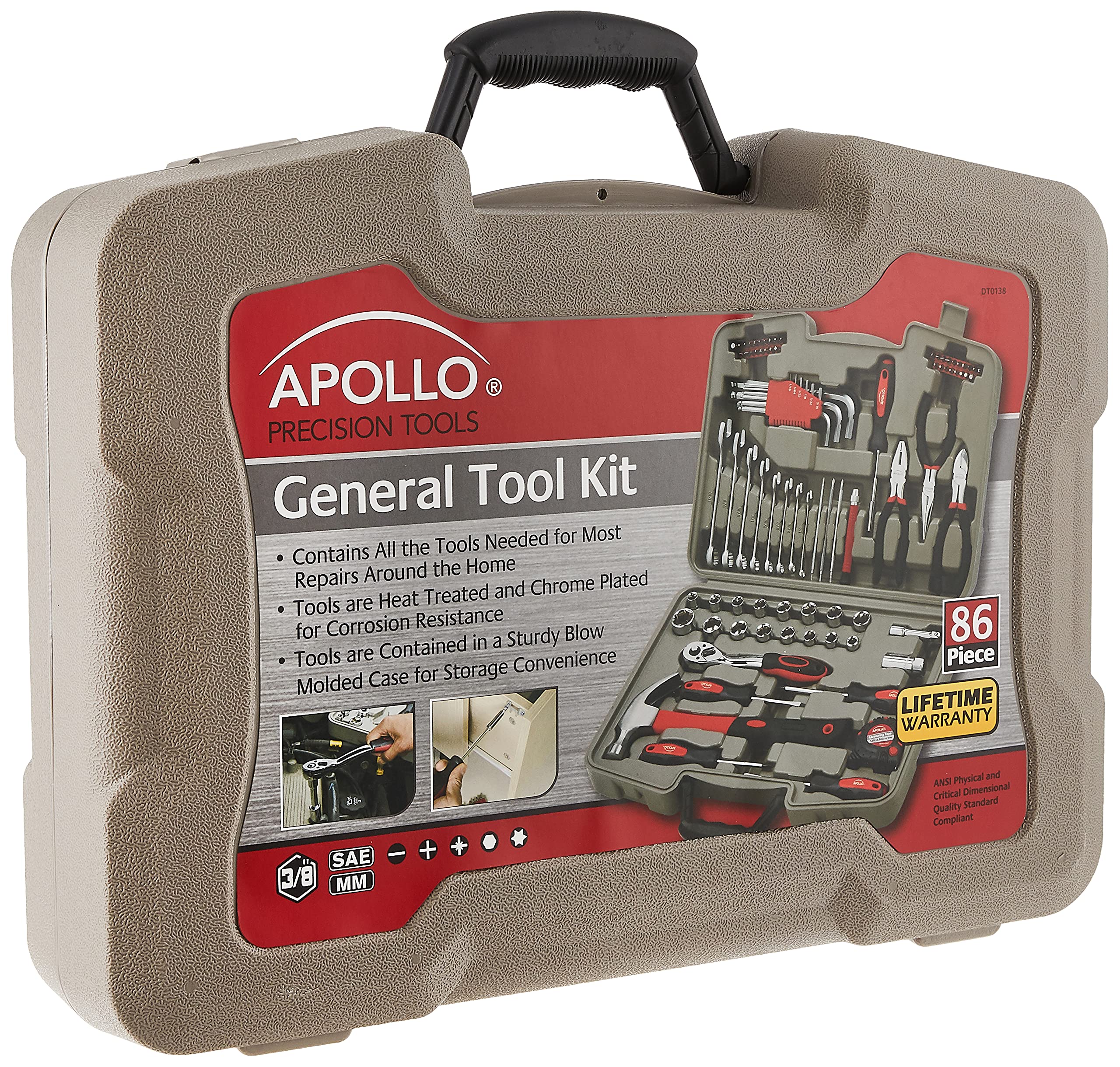 APOLLO TOOLS 86 Piece Basic Household Tool Set for Home and Vehicle DIY Repairs Includes Essential Wrenches and Sockets with Compact Case for Garage or Trunk - DT0138