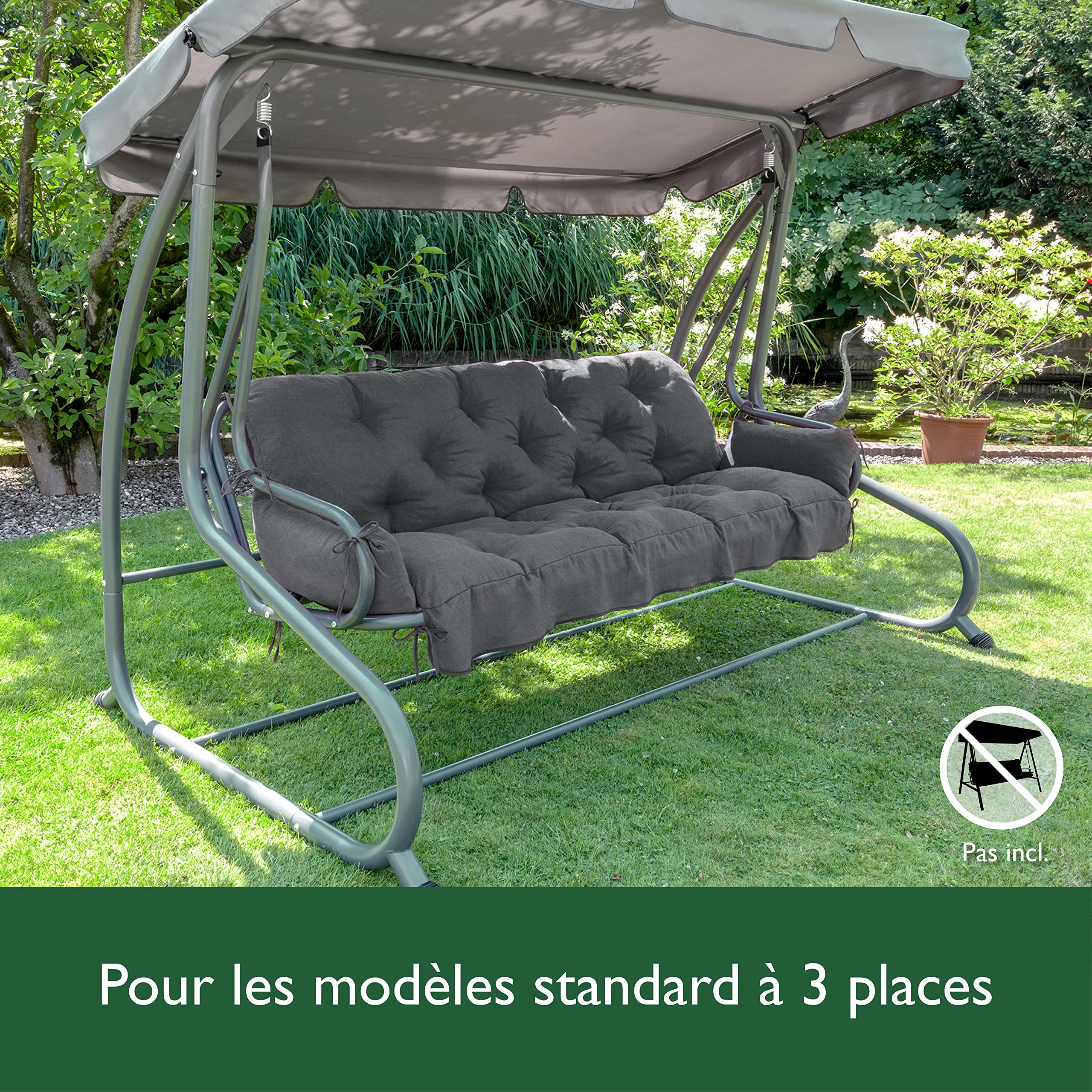 Beautissu Coussin pour Balancelle 180x50x8 cm Flair HS – Coussin de Jardin avec 2 Oreillers – Matelas pour Banc de Jardin, Rembourrage Flocons de Mousse - Anthracite