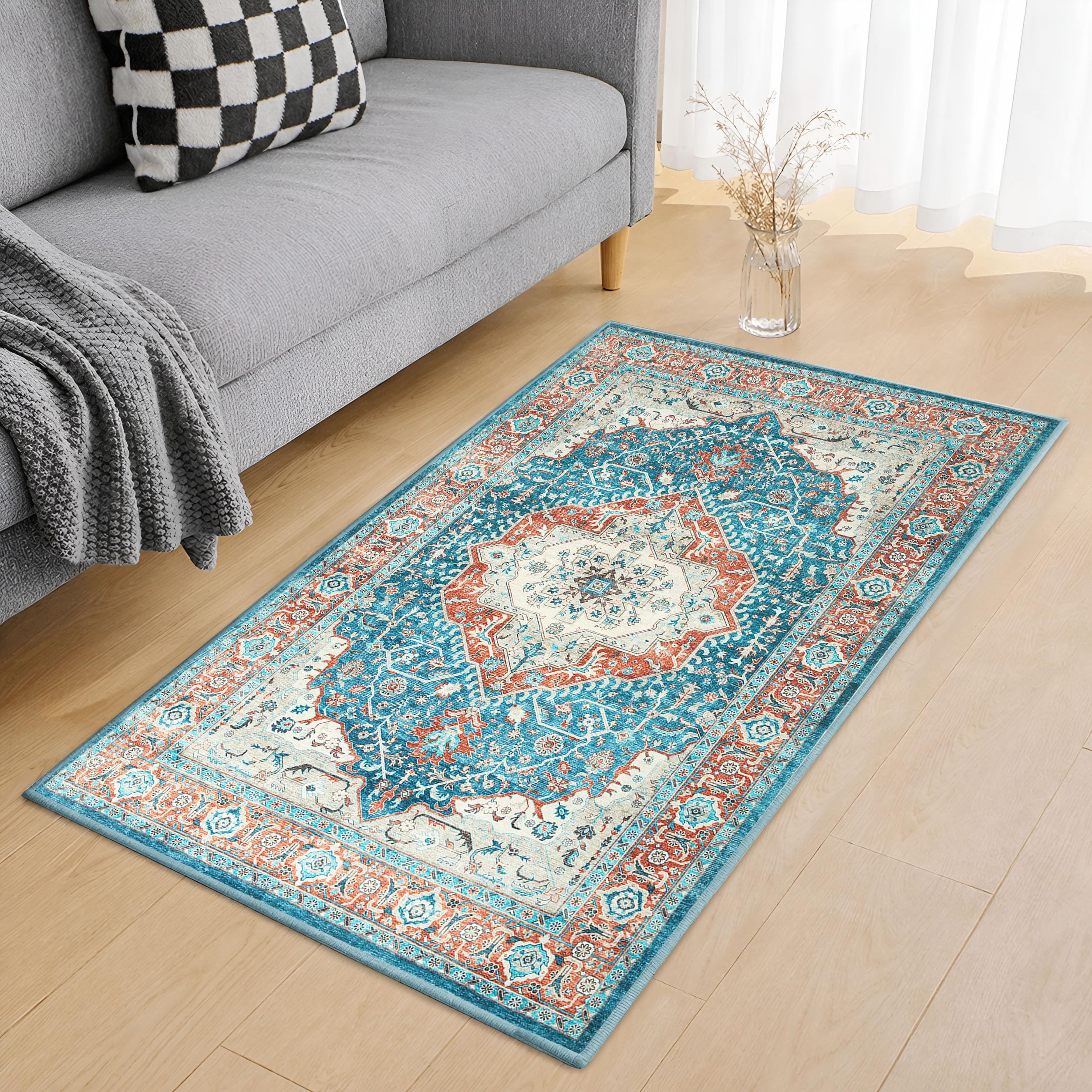 Hafaa Washable Rugs Living Room Small 60x110 cm – Soft Short Pile Area Rugs for Bedroom, Kitchen Carpet Non Slip Bedside Rug Traditional Floral Design Vintage Boho Cashmere Rug, Regal