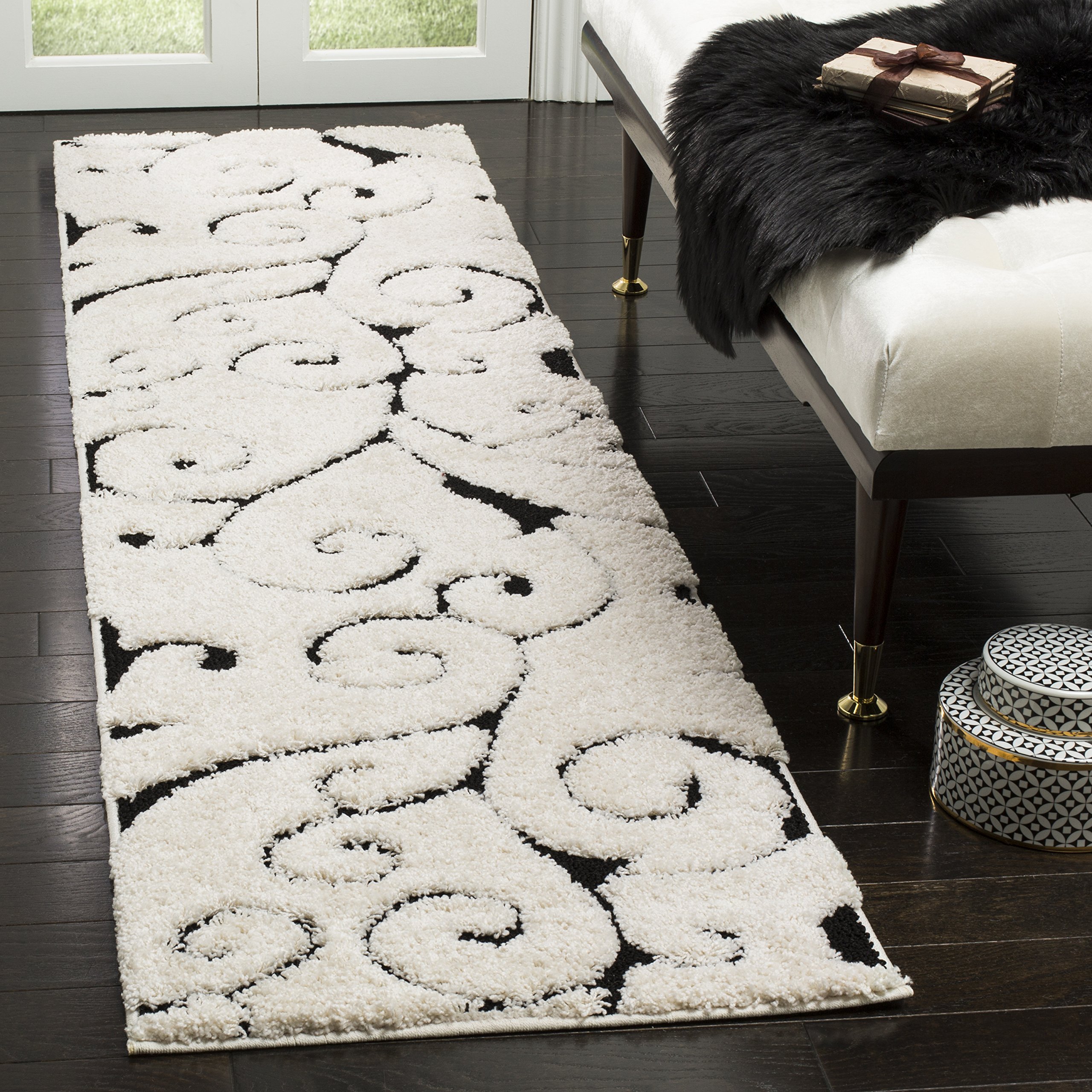 SAFAVIEH Florida Shag Collection Runner Rug - 2'3" x 7', Ivory & Black, Scroll Design, Non-Shedding & Easy to Clean, High-Low Plush Pile, Ideal for