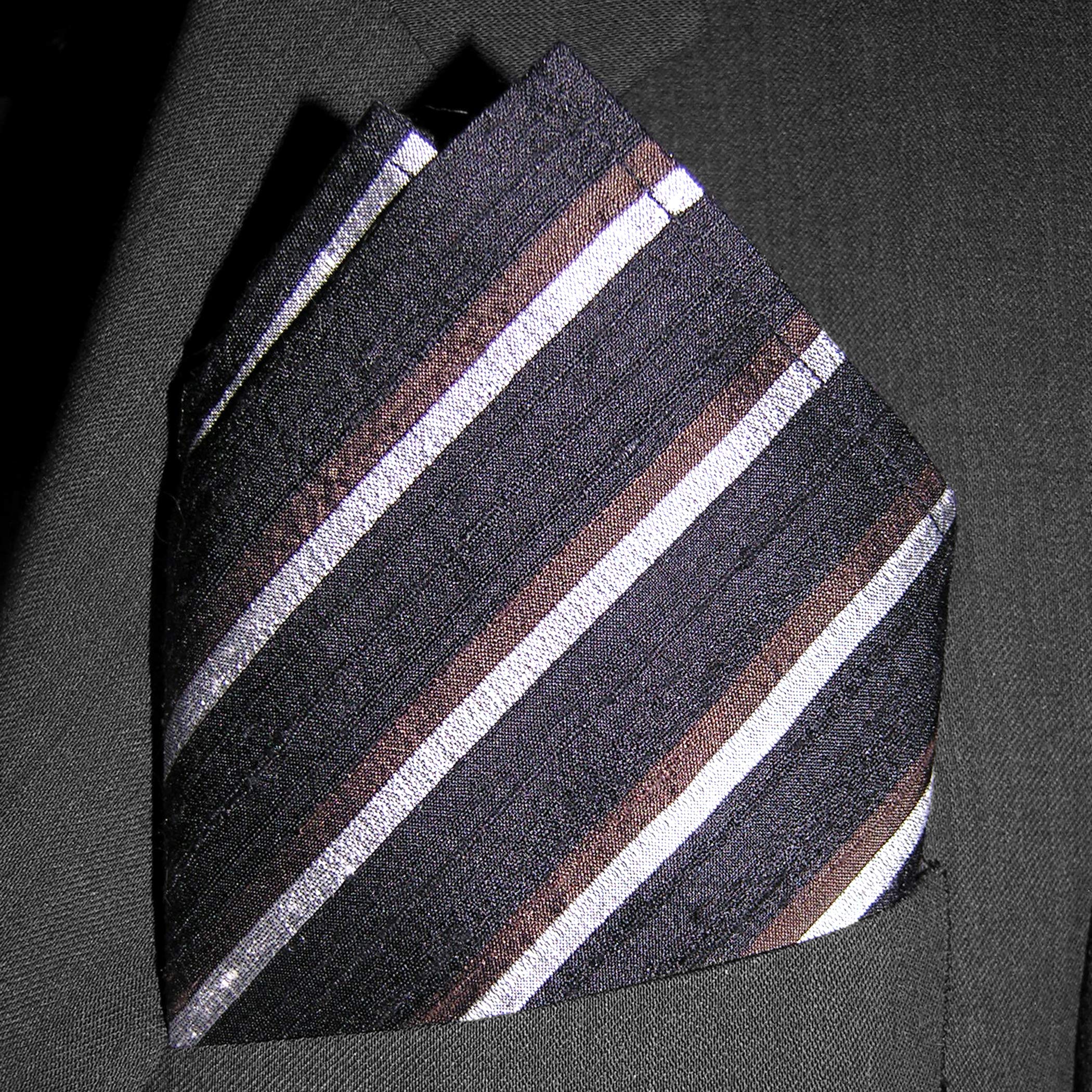 Royal Silk Black Stripes Noir Silk Dupioni Handkerchief Fine Shine - Sturdy Silk Dupioni - 100% Silk – Large 16” Square