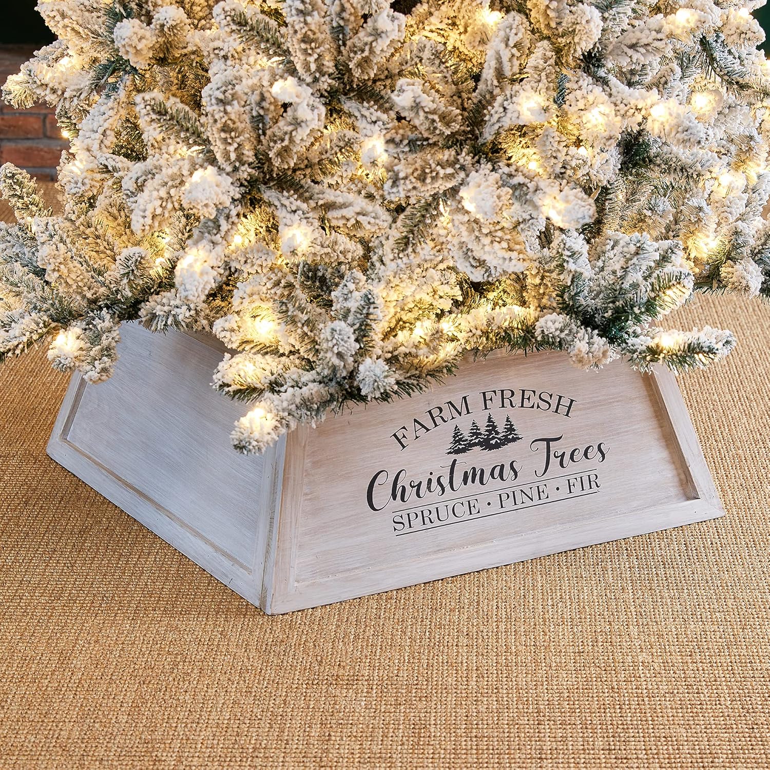 Glitzhome 26" L Washed White Wooden Tree Collar, Rustic Trapezoid Tree Stand Cover Farm Fresh Christmas Tree Skirt Box 26''l White