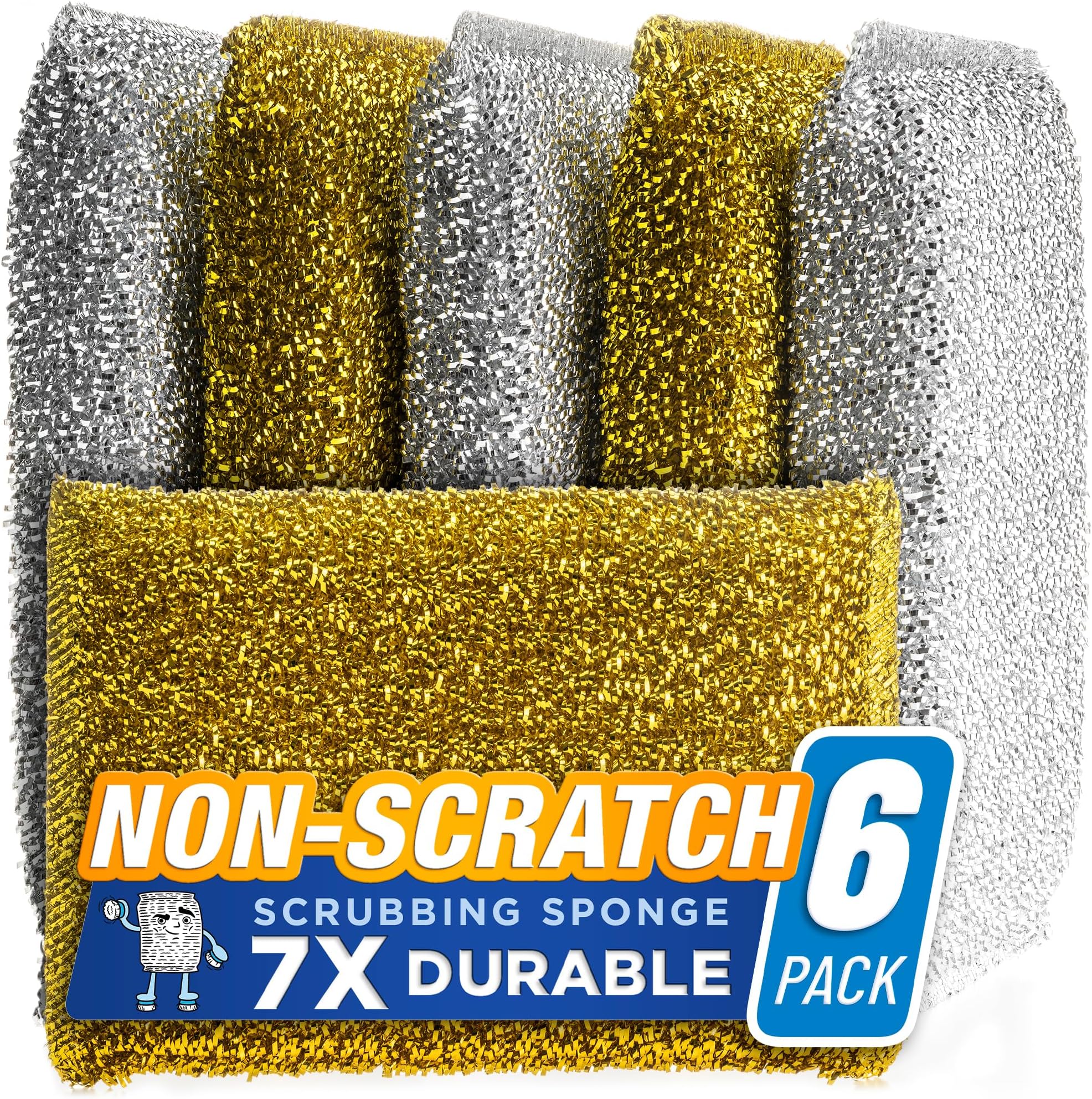 SPONGENATOR Kitchen Scrubbing Sponges - Heavy Duty Non Scratch Scrubbing Cleaner Sponges in 2 Colors - Multi Surface Non Metal Dish Scouring Scrubbers for Fast Cleaning (Gold & Silver, 6)