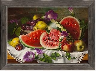 Quadro su Tela Canvas INTELAIATO - con Cornice - Natura Morta - Frutta - 70x100cm - Stile Country Nero Shabby - (cod.2459)