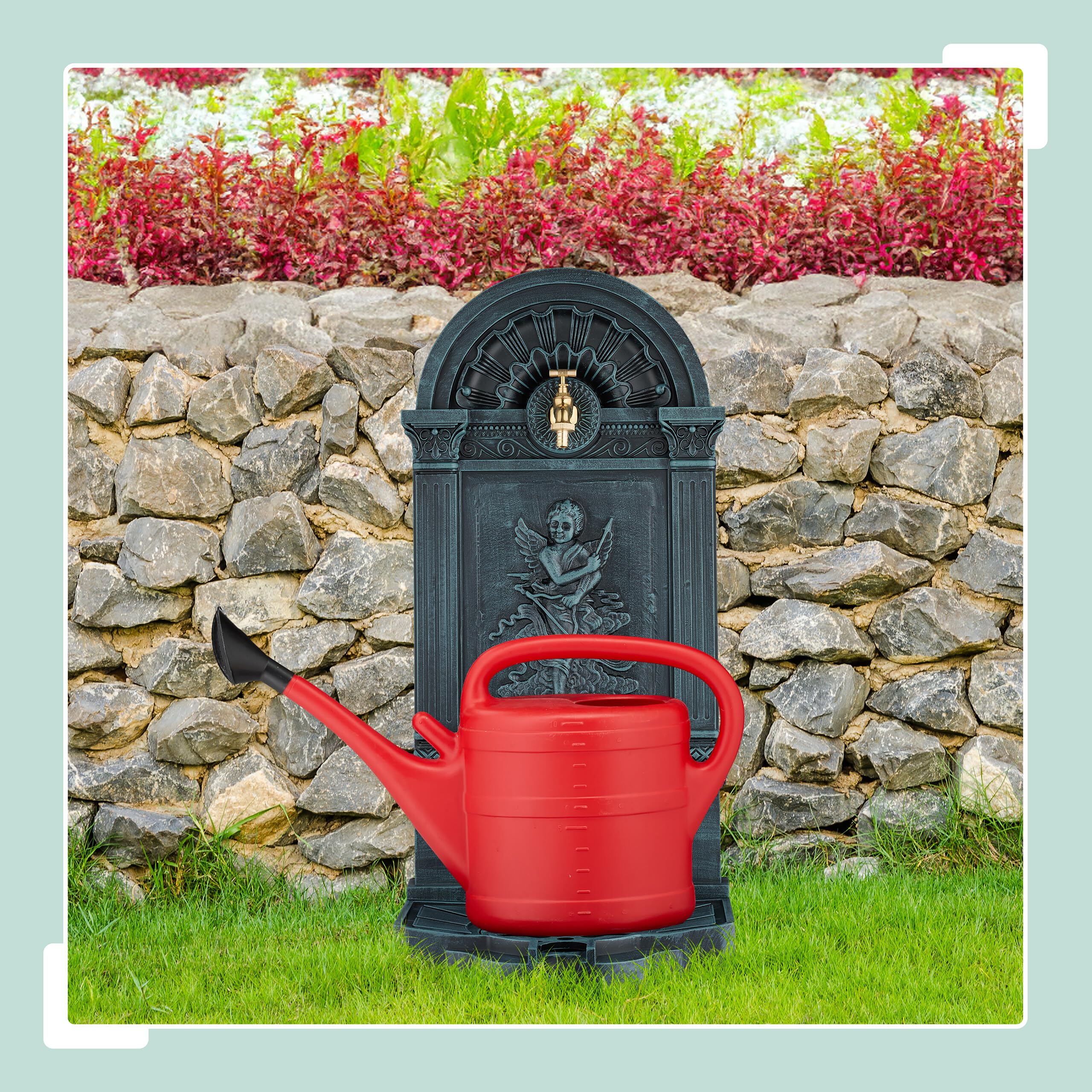 Relaxdays Fuente de Pie, Diseño Antiguo con Ángel, Grifo y Lavabo, 83 x 39 x 33 cm, Fuente Jardín, Patio, Gris/Verde