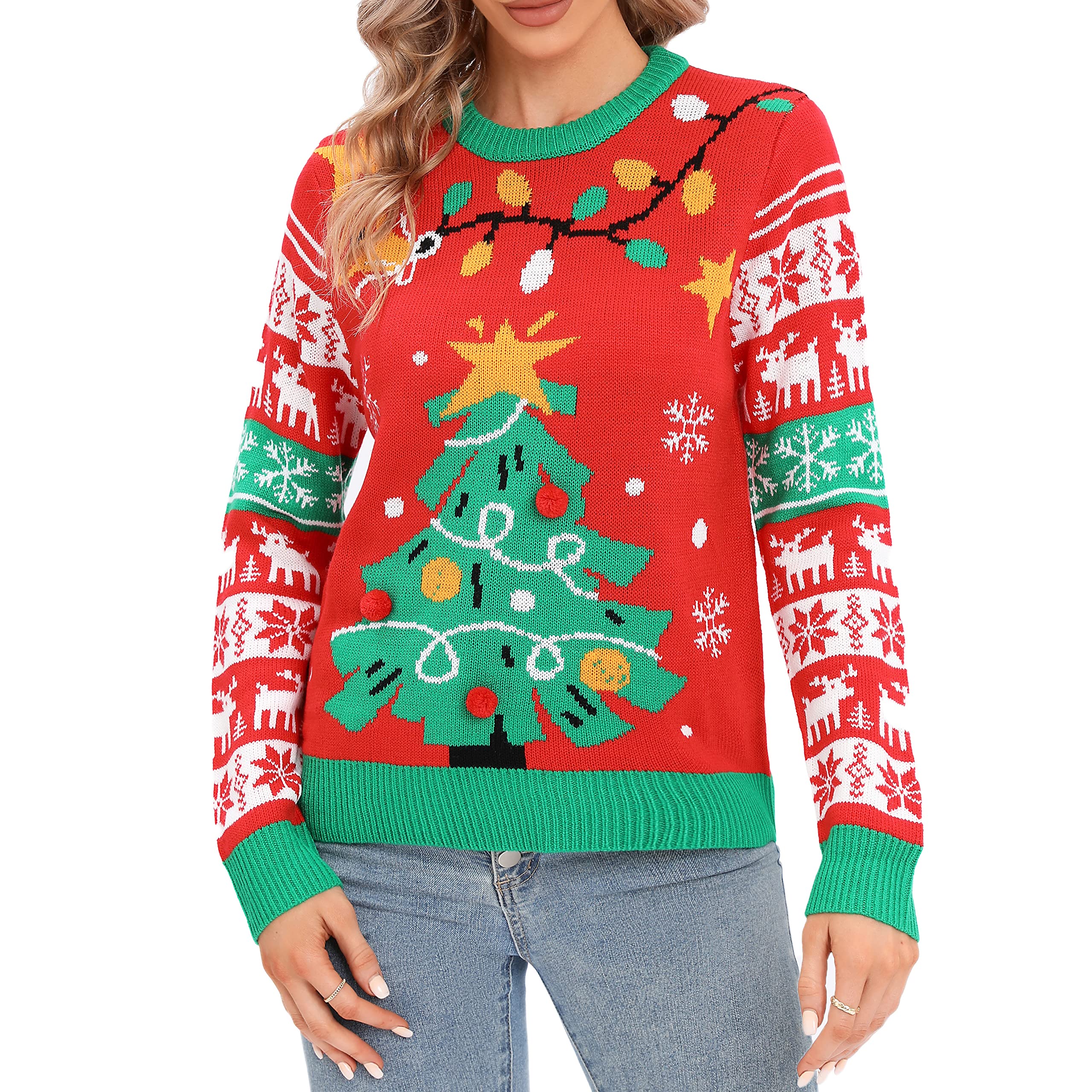 LUBOT Ugly Christmas Sweaters for Women Cute Fuzzy Funny Wintertime and Holiday Parties Knitted Pullover Sweater Tree-M