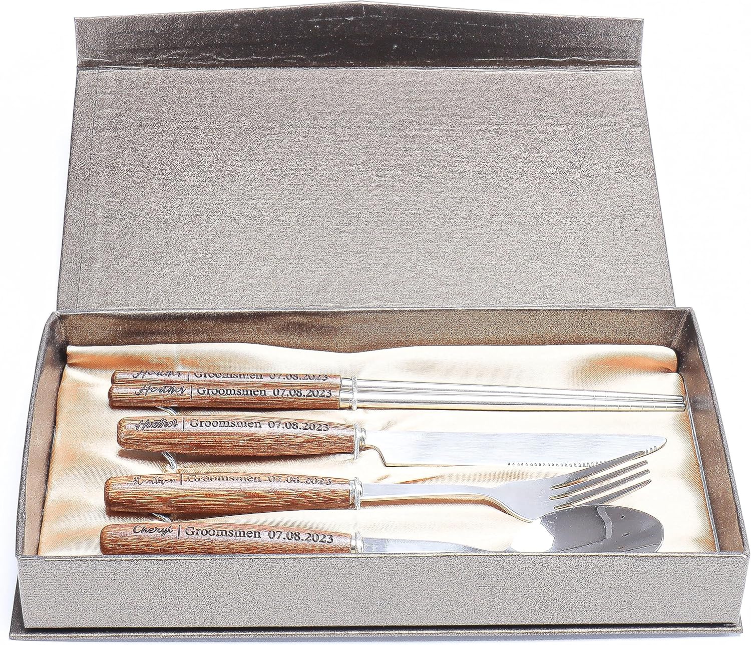 Personalized Stainless Steel Utensil Set with Gift Box - Fork Knife Spoon Chopsticks Study Engraved Wood Handle with Case, Housewarming Mother's Day Birthday Gift Bridal Shower Cutlery Set