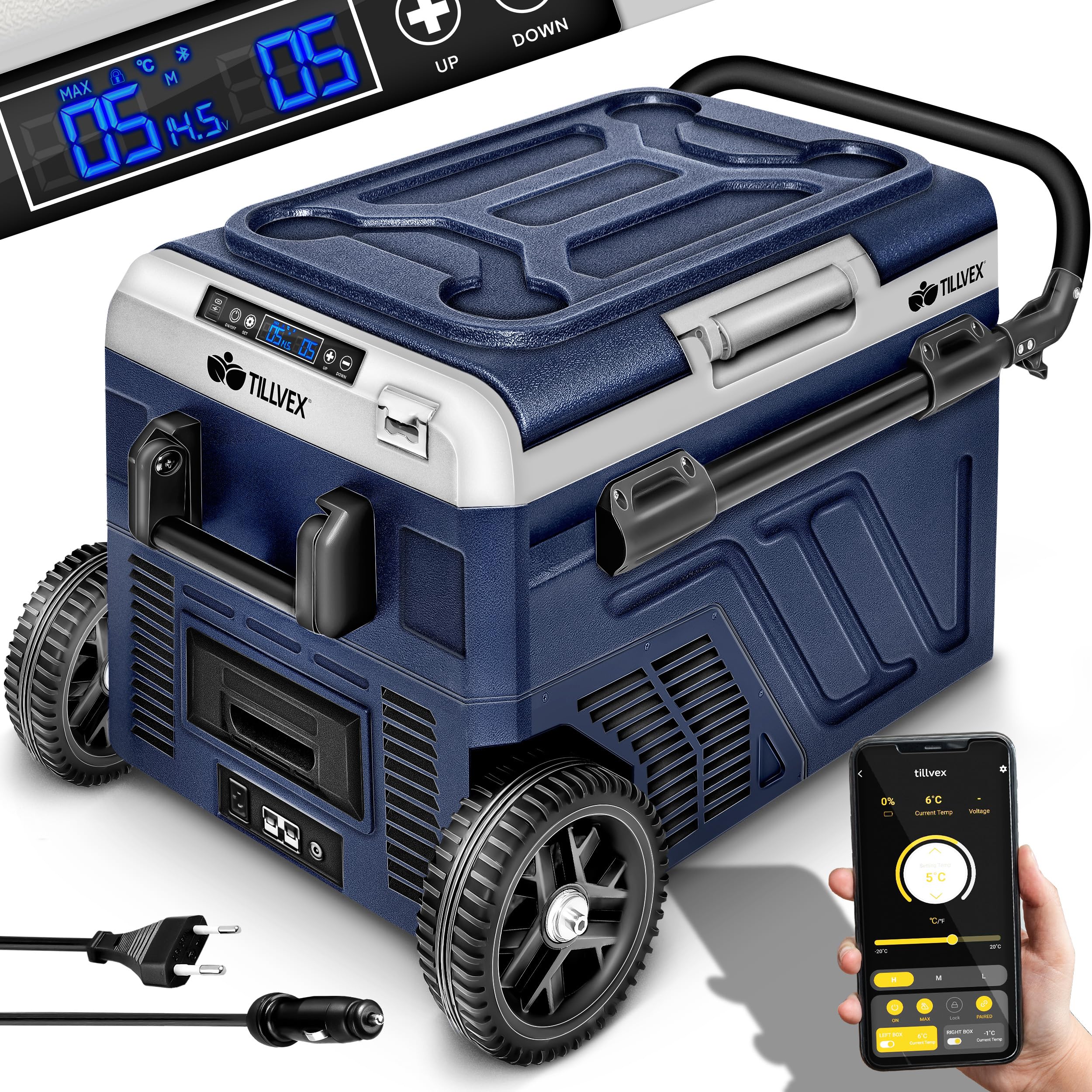 tillvex® Nevera eléctrica de compresor de 40L con Bateria | Congelador eléctrico con control WIFI-APP, puerto USB | Refrigerador hasta -20 °C para automóviles, camiones, camping