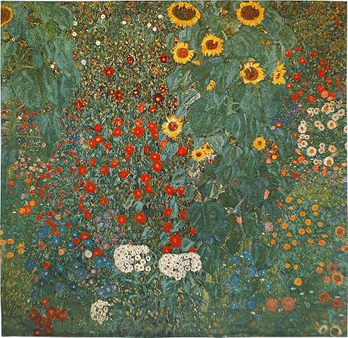 Gustav Klimt - Jardín de granja con girasoles Tapiz tejido para colgar Girasoles mixtos de naturaleza 100% algodón, tamaño de EE. UU., 30 x 30